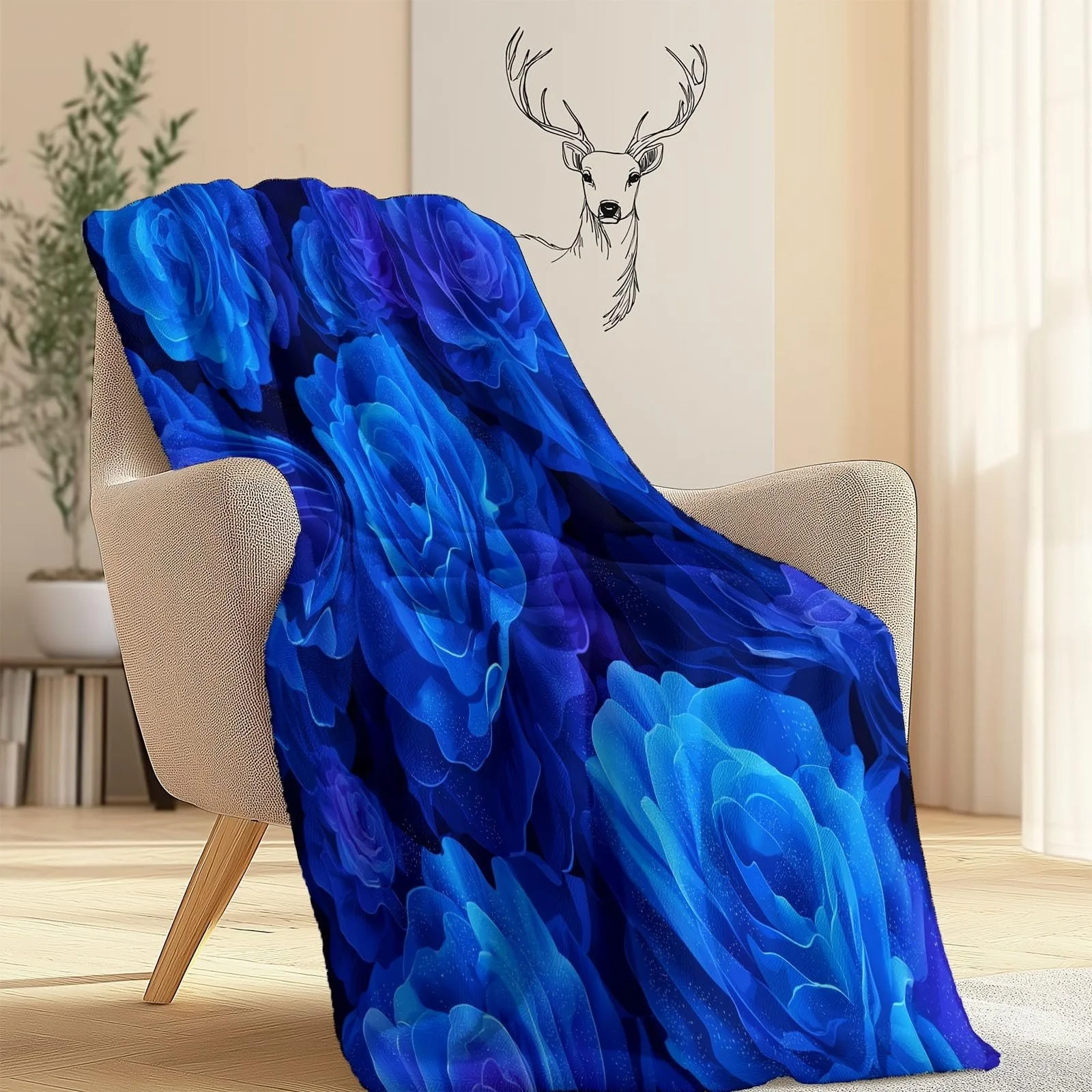 Фланелевое одеяло 150 x 200 см, Тема синих роз, Темно-синее, фото №2