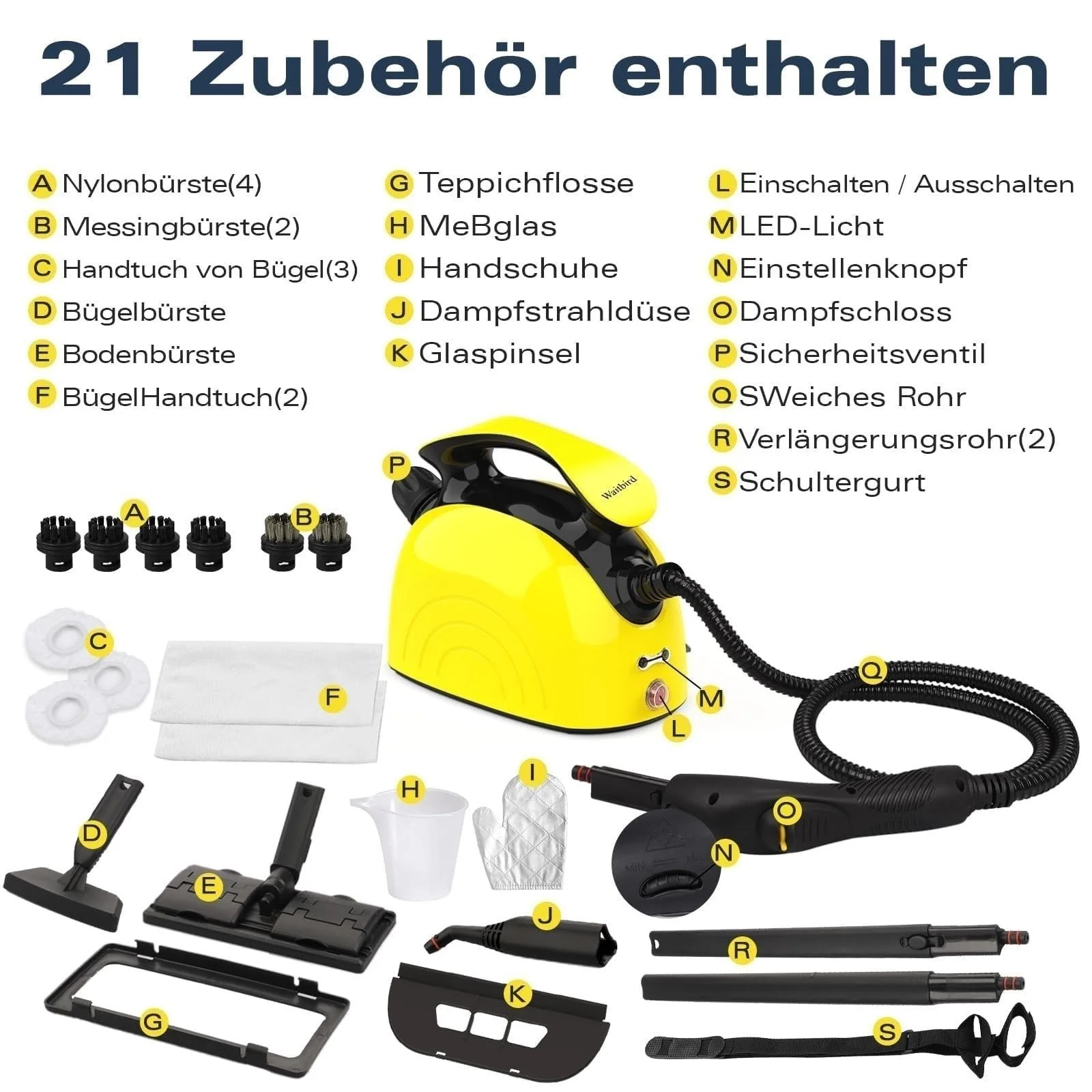 Пароочисник Waitbird багатофункціональний 21 аксесуар ручний з плечовим ременем Жовтий, фото №6