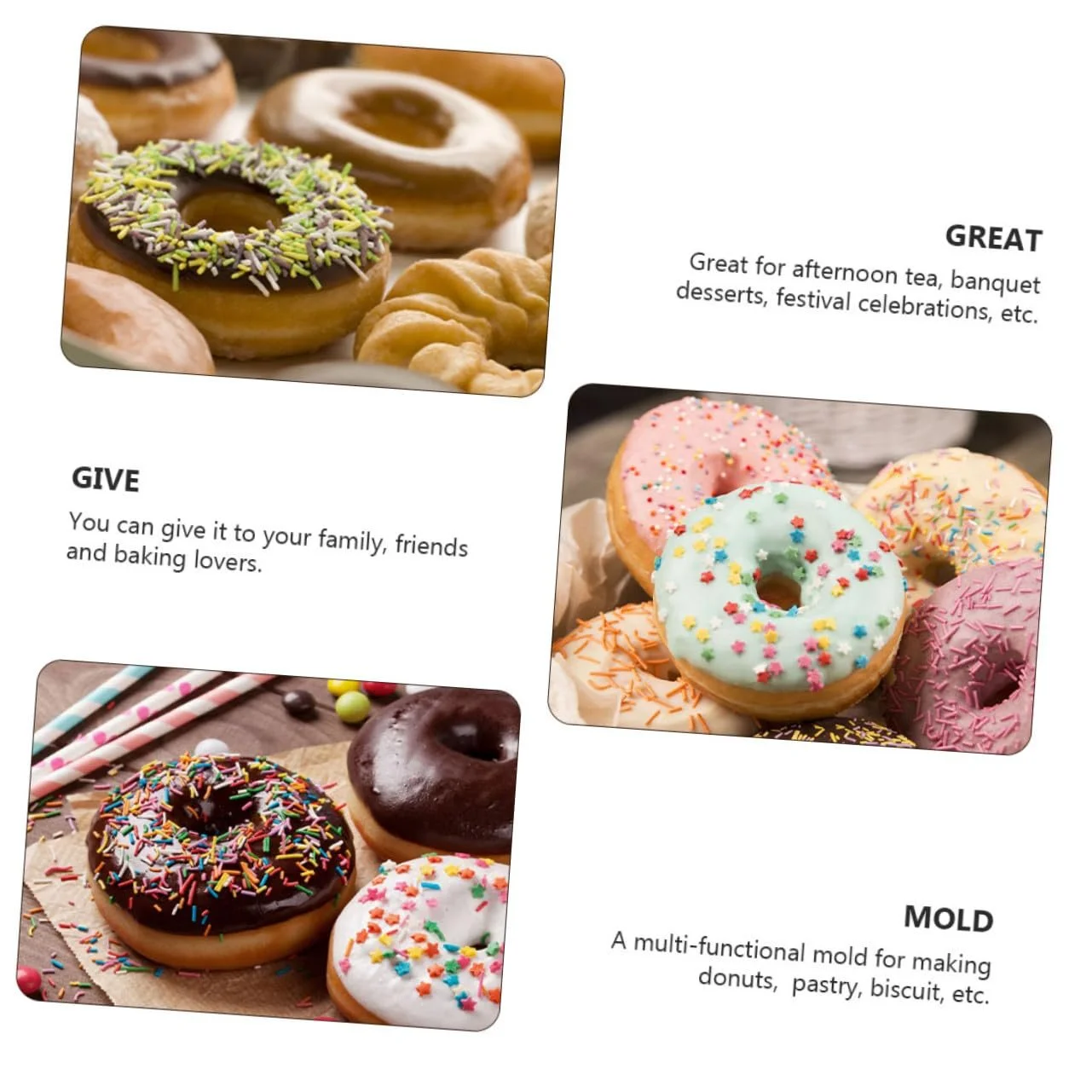 Формы для выпечки пончиков INOOMP Набор 3 шт Пластик без BPA Сердце Цветок и Круг, фото №5