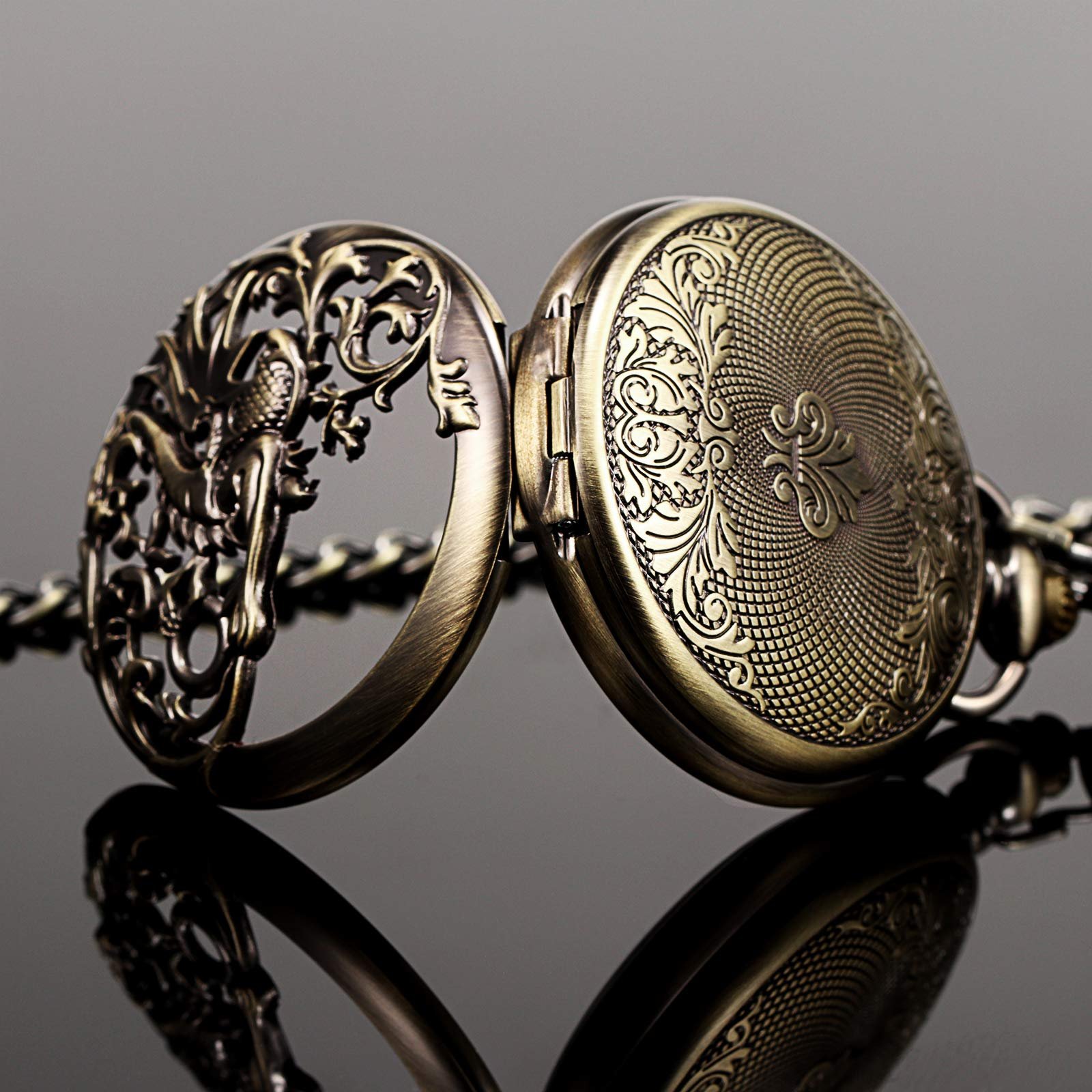Кишеньковий годинник TREEWETO Unisex Double Hinge Antique Dragon Skeleton з ланцюжком бронзовий, фото №5