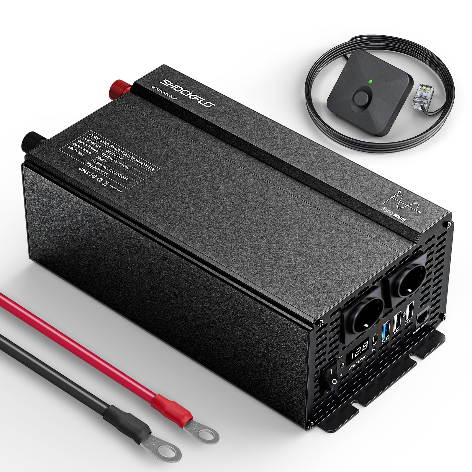 Інвертор ShockFlo DC 24V до AC 230V Перетворювач напруги Чиста синусоїда USB Порти та EU Розетки, фото №1