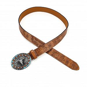 Шкіряний ремінь AGUTALITHIC з тисненням Longhorn Stier Blumengravur, срібляста бичача пряжка, 115 см - Фото 1