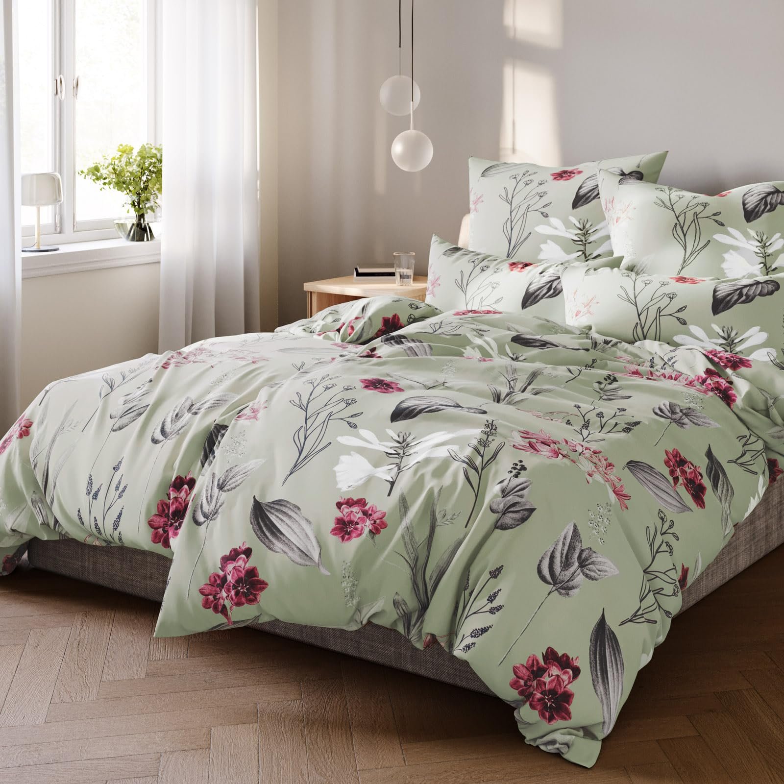 Постільна білизна з 4 предметів Pure Label Квіткова (135 x 200 см), з набором з 2 наволочок (80 x 80 см), надзвичайно м’яка постільна білизна, зелена, 100% бавовна, з блискавкою YKK, фото №1