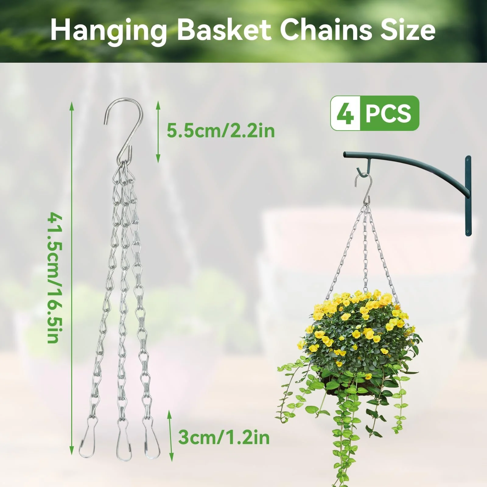 Ланцюжки для підвісних кошиків 4 штуки, 40 см, 3-точкові, міцні металеві, для квіткових горщиків та годівниць, сріблястий, фото №2 Ланцюжки для підвісних кошиків 4 штуки, 40 см, 3-точкові, міцні металеві, для квіткових горщиків та годівниць, сріблястий, фото №2