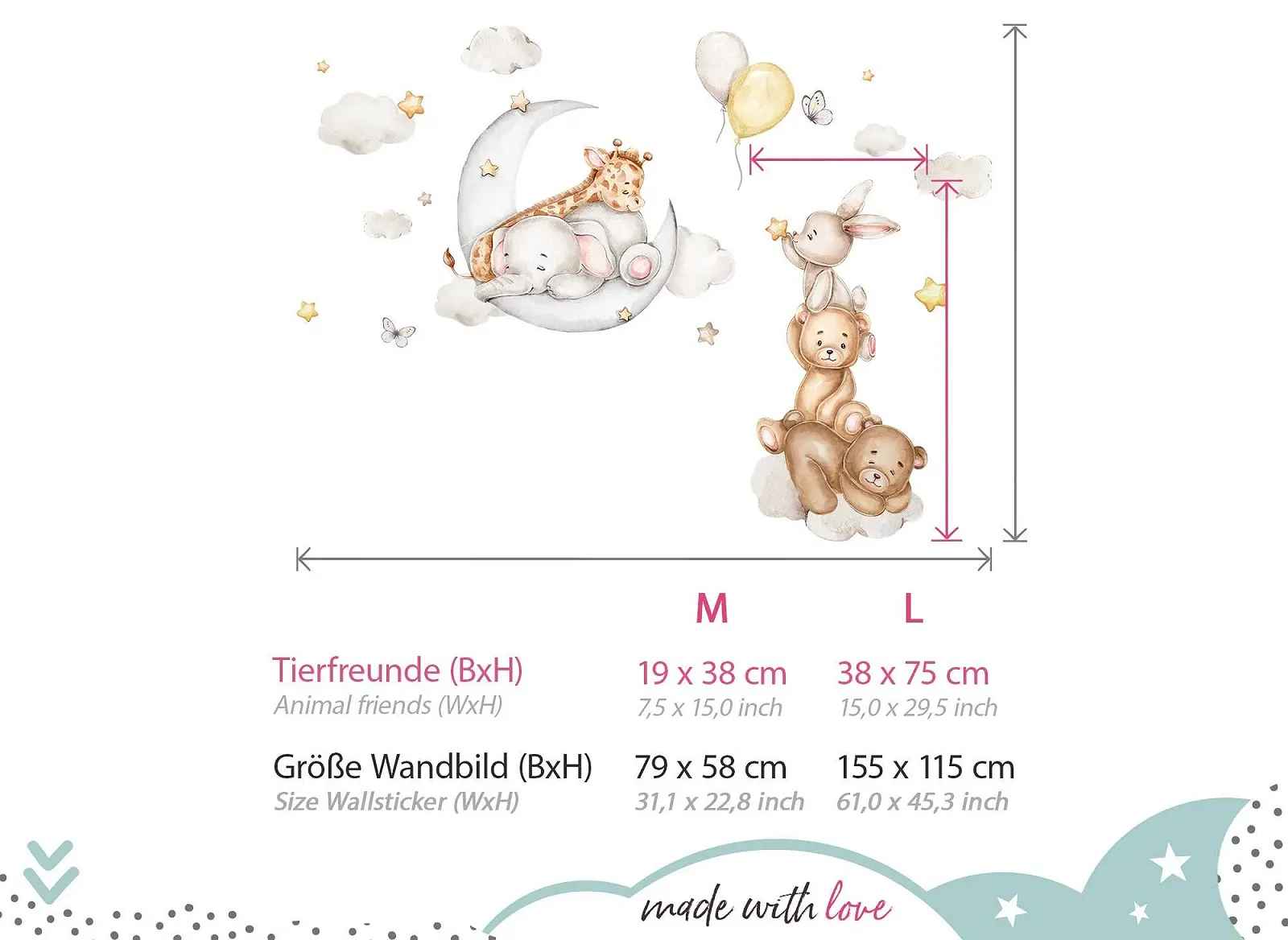 Наклейка на стену Little Deco DL5118-03 Moon Animals Elephant Rabbit Boho, фото №3