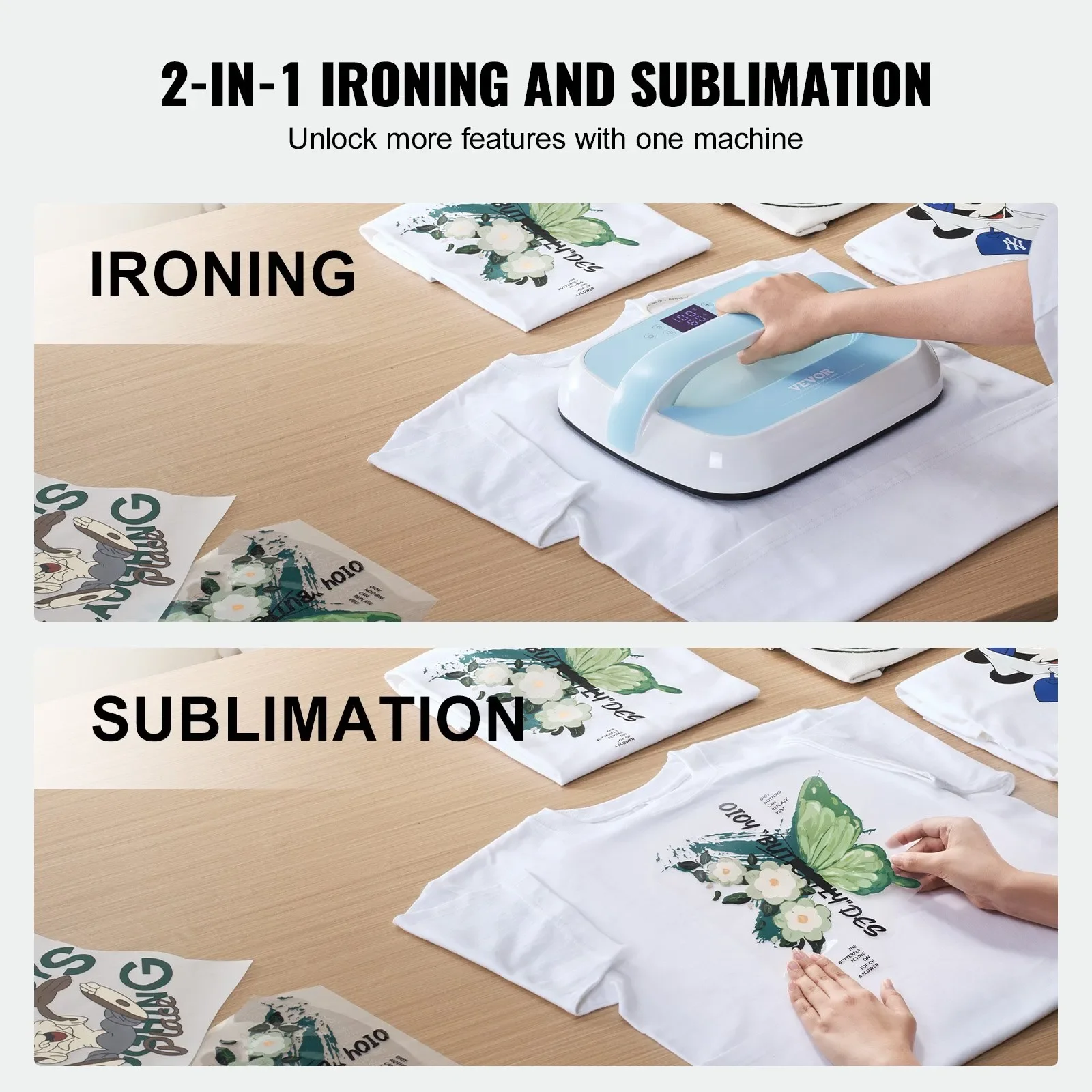 Термопрес VEVOR SS1210 портативний / 800 Вт / 341 х 276 мм / 205 ℃ / Автовимкнення / Білий-синій, фото №6