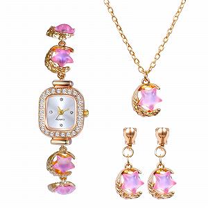 Часы женские прямоугольные JewelryWe Набор - аналоговый кварцевый механизм Лунный камень Кубический цирконий Изящный квадратный набор украшений - Фото 1