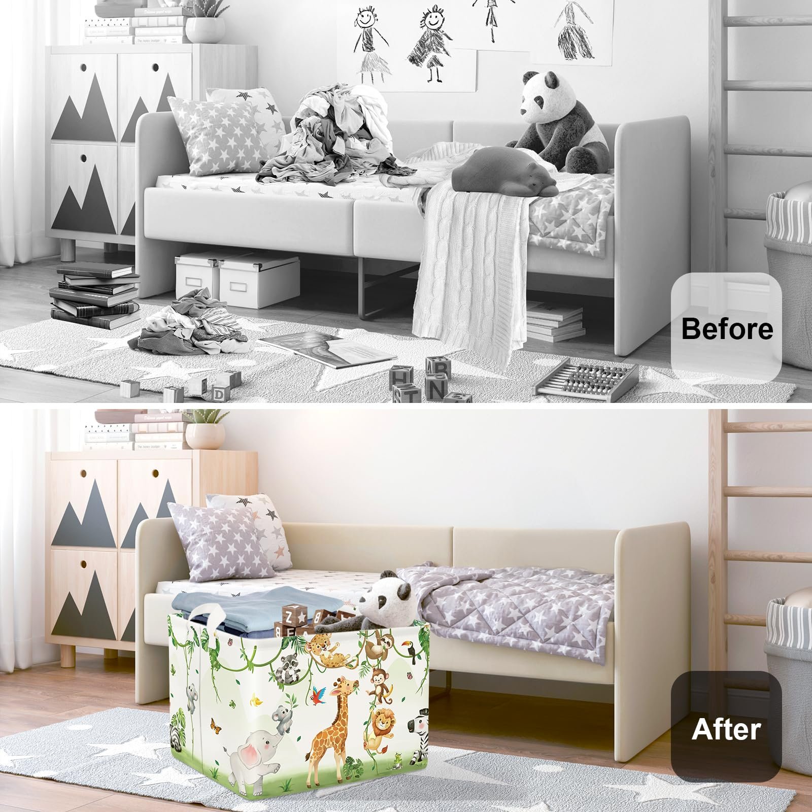 Корзина для игрушек Детская HUUMONSS Жираф Медведь для мальчиков девочек Слоны Большая, Белый 36 л, фото №2