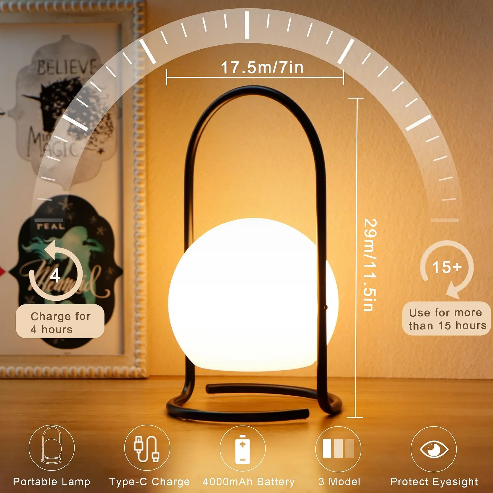 Настільна лампа TRIROCKS Портативна бездротова акумуляторна 3 рівні яскравості LED Дистанційне керування, фото №3