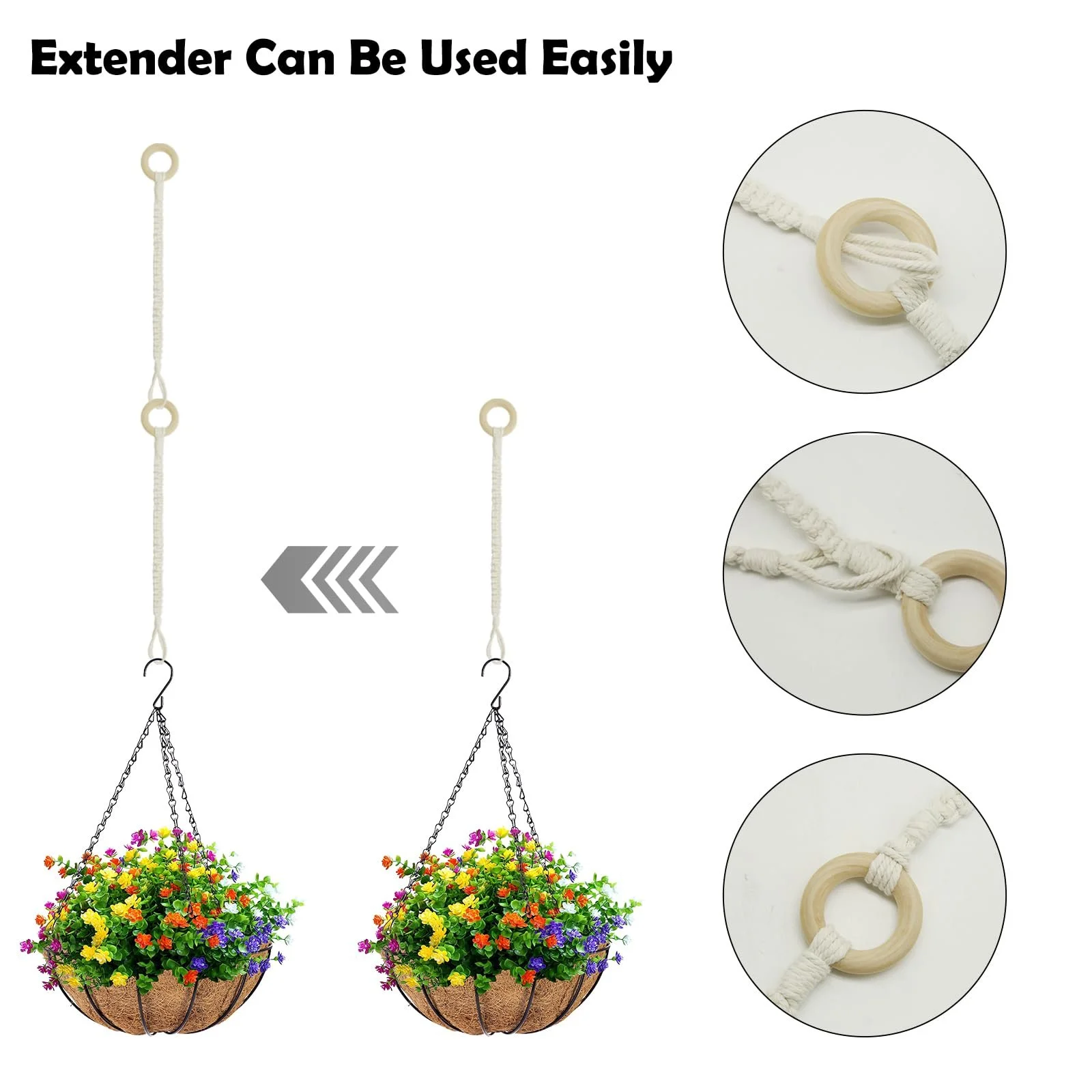 Удлинитель для подвеса растений Набор 6 шт. Пеньковая веревка с деревянным кольцом Регулируемый, фото №3