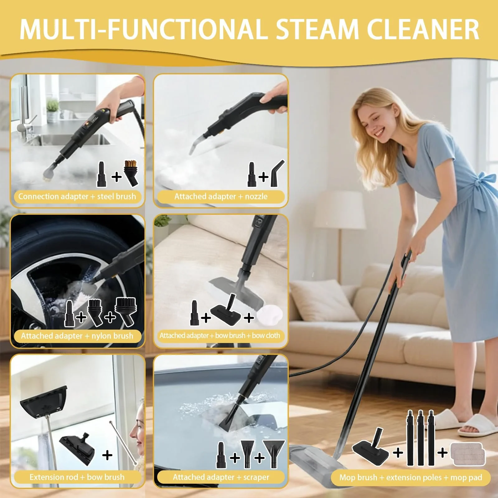 Пароочисник 2500 W ручний з 17 аксесуарами 1.6 L 4 bar Портативний, фото №6