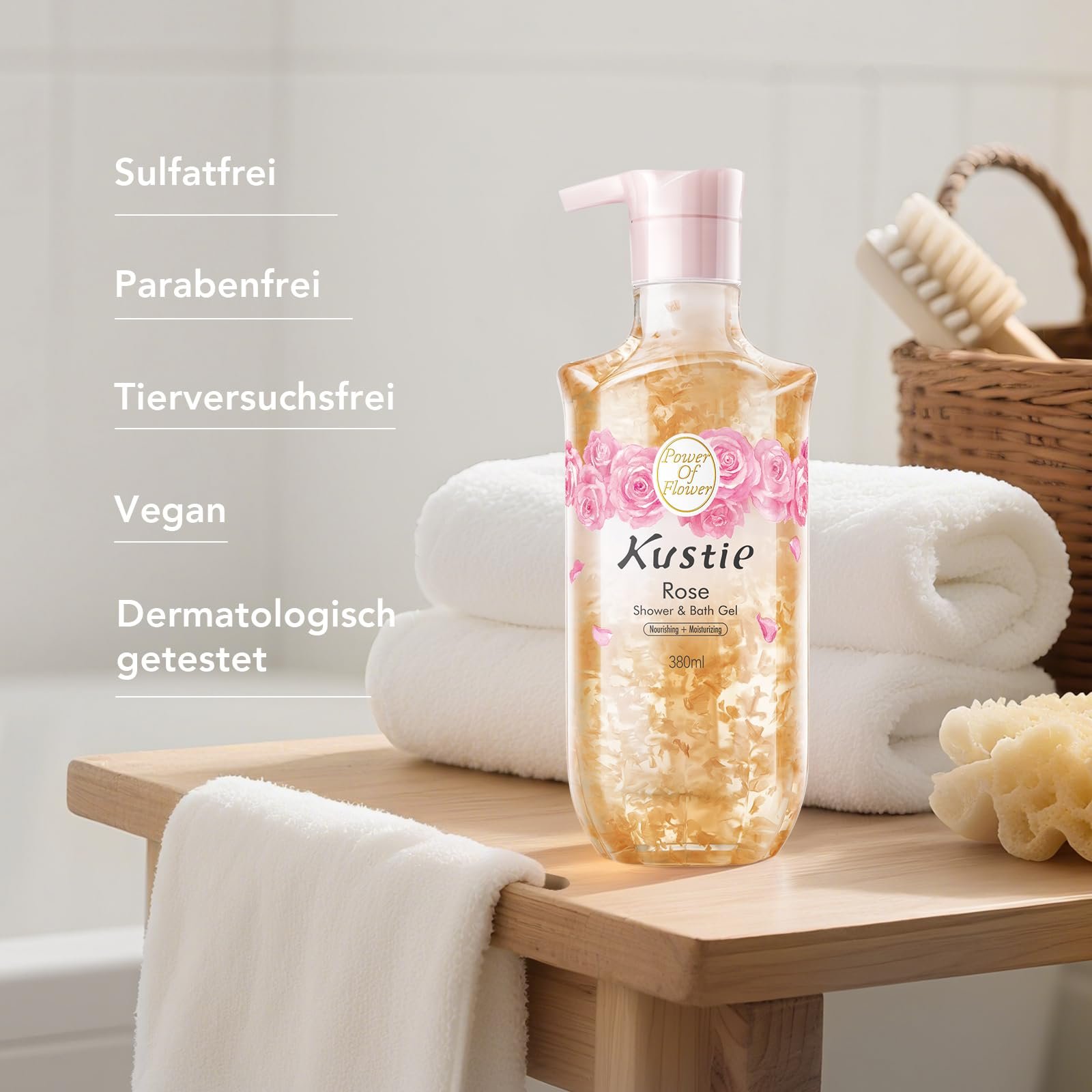 Гель для душа Kustie Rose Anti-Aging Perfume с лепестками роз и розовым маслом 380 мл, фото №7