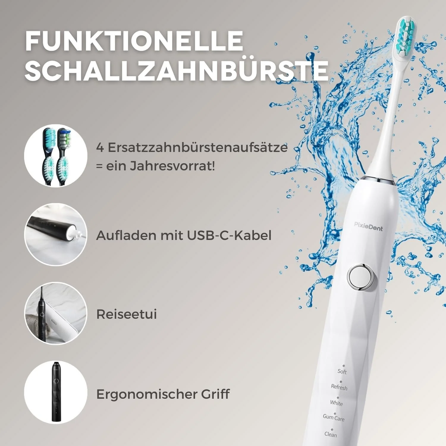 Электрическая зубная щетка PixieDent Diamond 2 сменные насадки 5 режимов 84 000 звуковых колебаний Таймер Дорожный футляр, фото №3