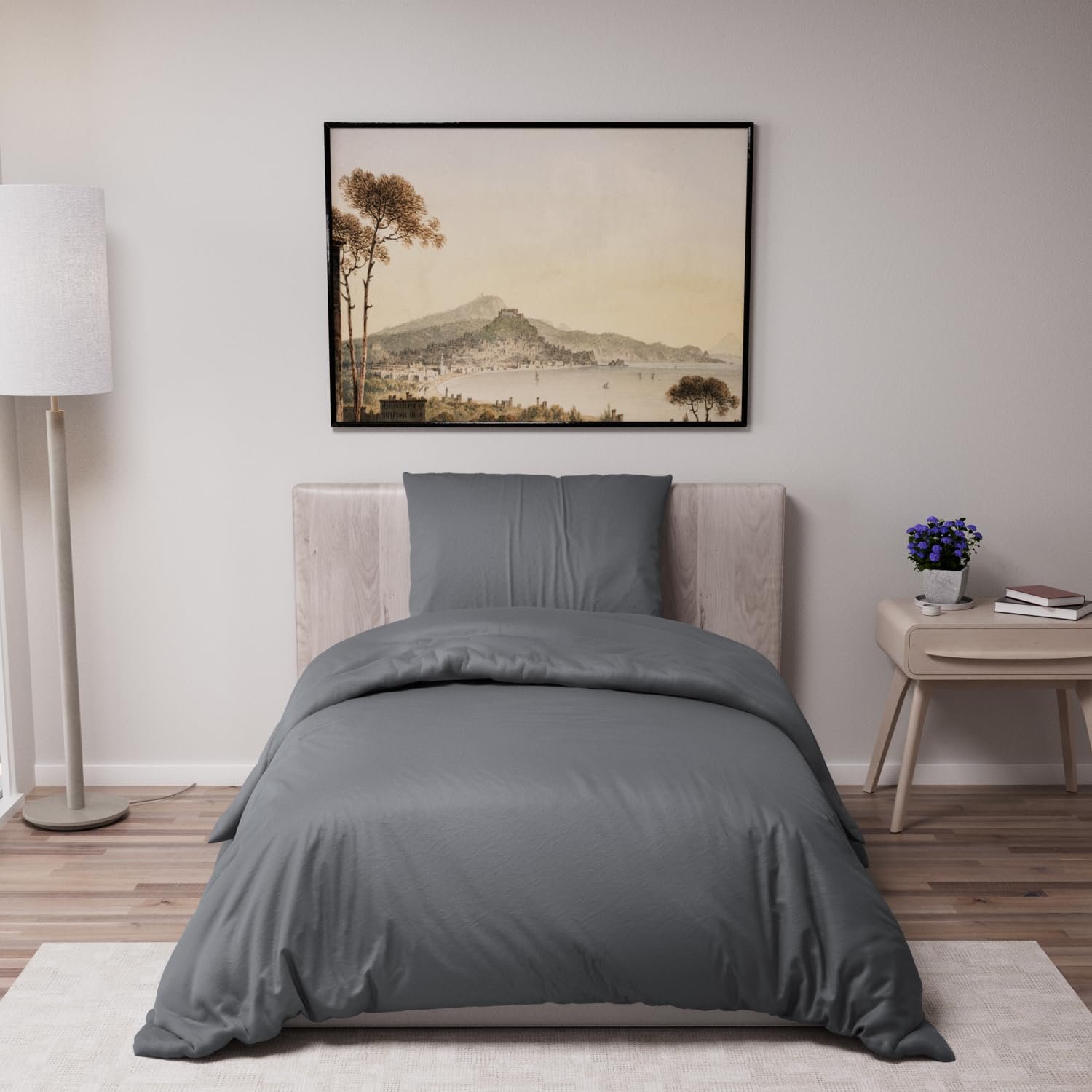 Комплект постельного белья Dreamzie 135 x 200 см с 1 наволочкой 80 x 80 см, темно-серый – пододеяльник 135 x 200 см, односпальная кровать из 100% микрофибры, фото №1