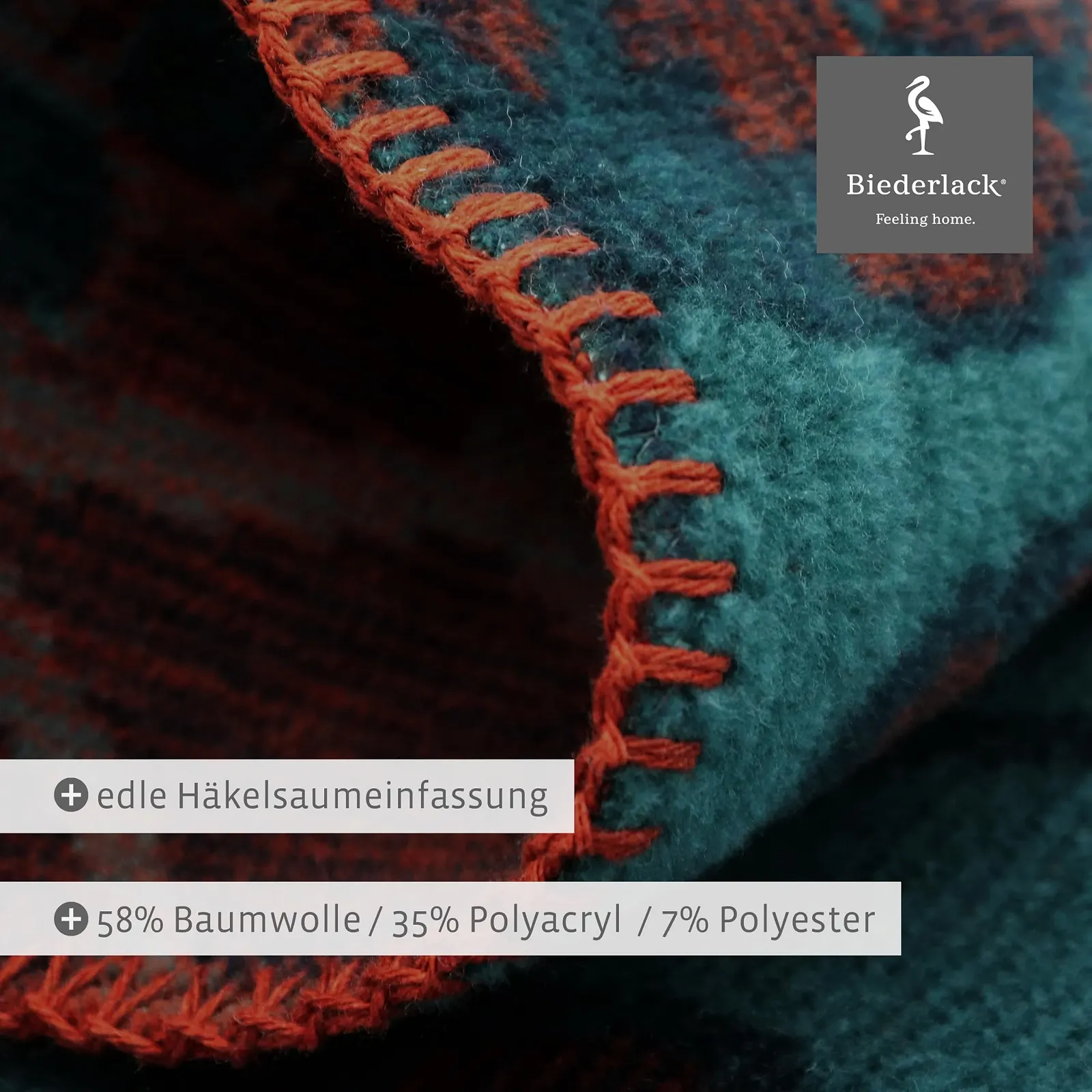 Плед Biederlack Oriental Flowers Хлопок/Полиакрил 150 x 200 см Петроль/Оранжевый, фото №1