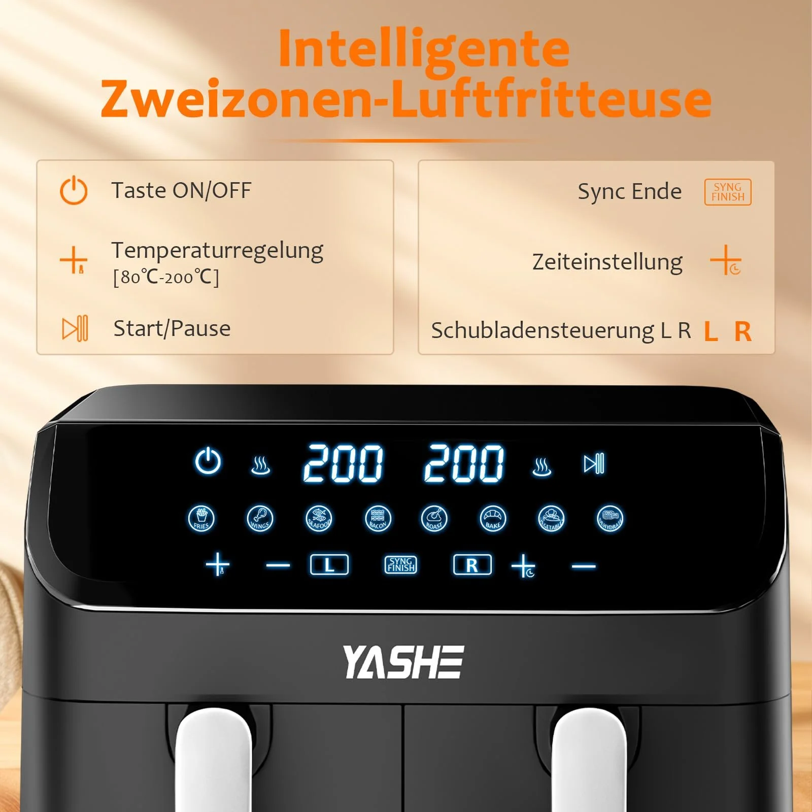 Мультипіч YASHE Dual Zone 9L XL 8-in-1 Digital Touchscreen, фото №6