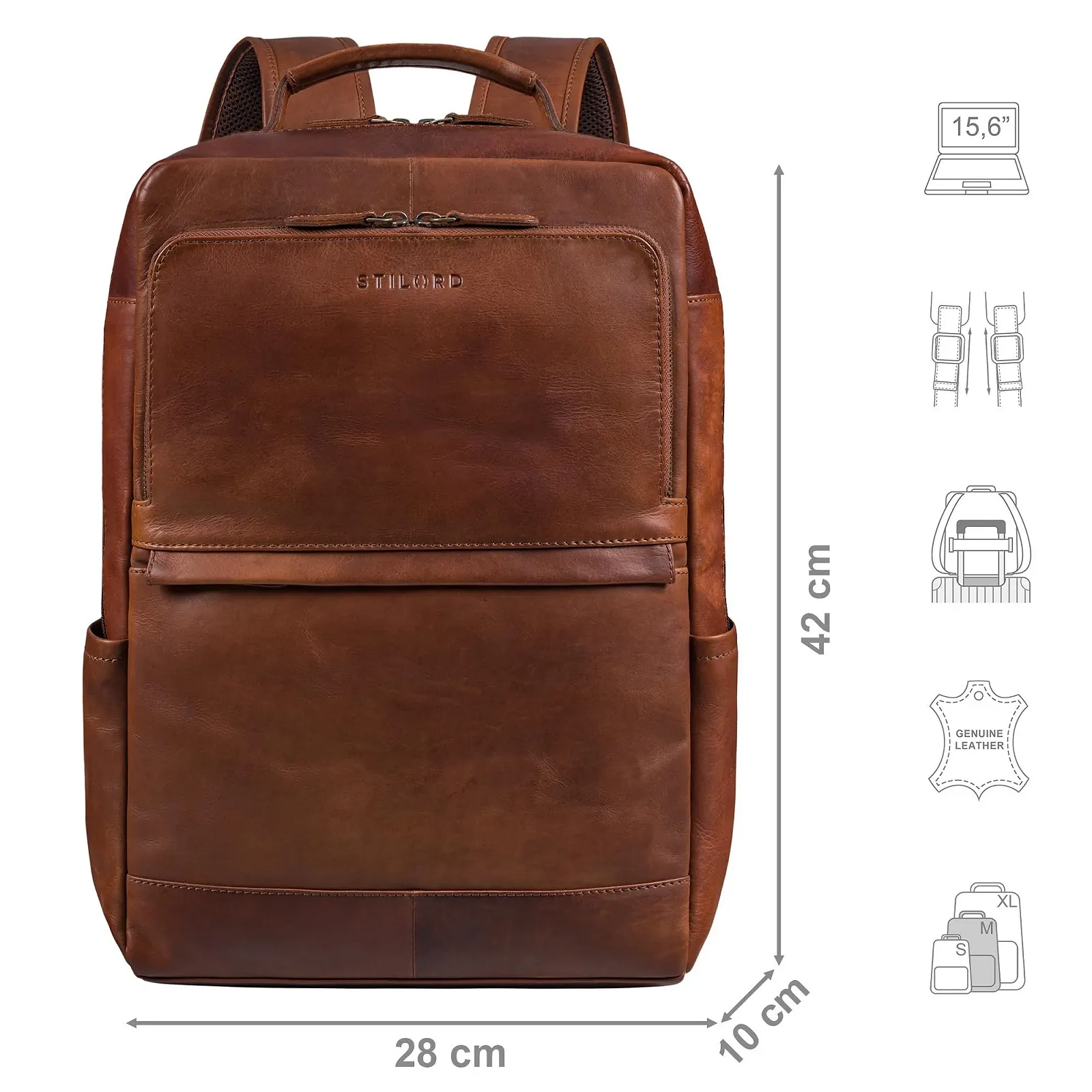 Рюкзак STILORD Barney Slim 15.6 дюймов Кожаный XL Black Cognac-Brown, фото №3