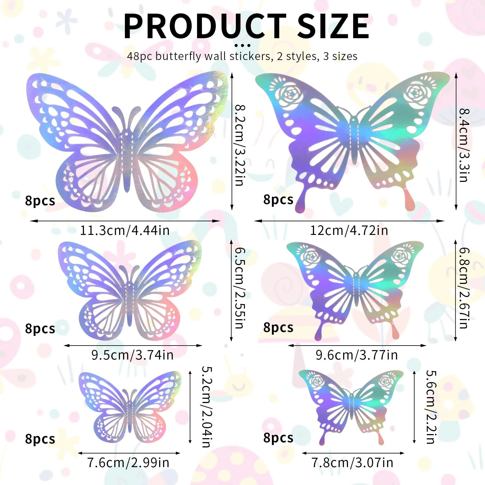 Декоративні 3D метелики 48 штук 2 стилі 3 розміри лазерні наклейки на стіну для дня народження та дитячої кімнати, фото №2