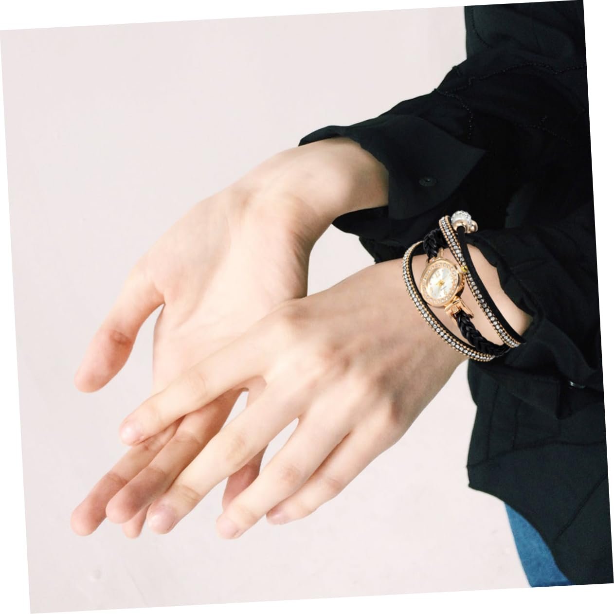 Женские наручные часы OATIPHO с плетеным браслетом, стразами, черные, фото №3