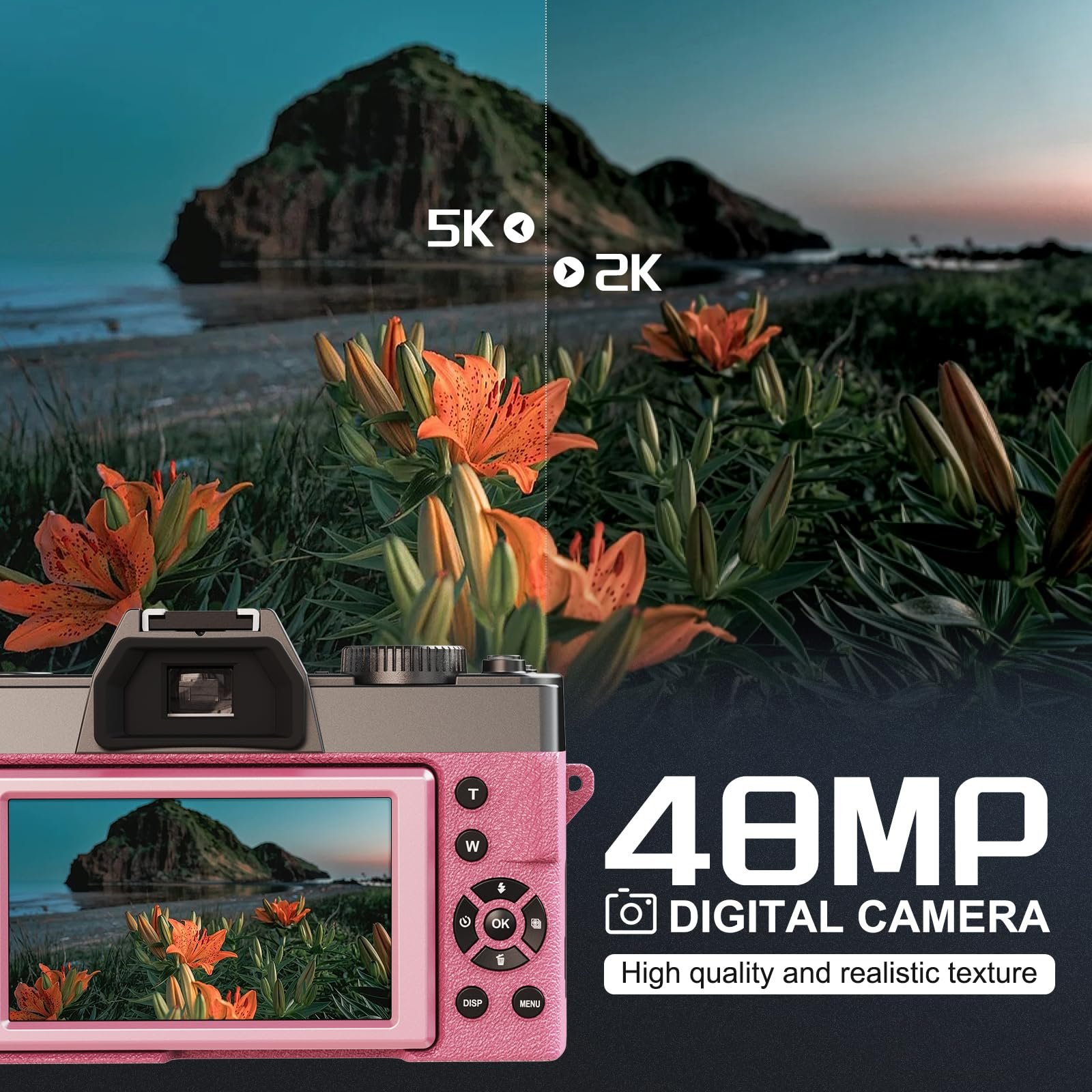 Фотокамера цифрова NBD 5K 48MP з автофокусом та 16-кратним зумом, 3-дюймовий 180

Складаний дисплей, WiFi - в комплекті ширококутний/макрооб'єктив + 2 батареї (карта 32 ГБ + мікрофон) Рожевий, фото №2