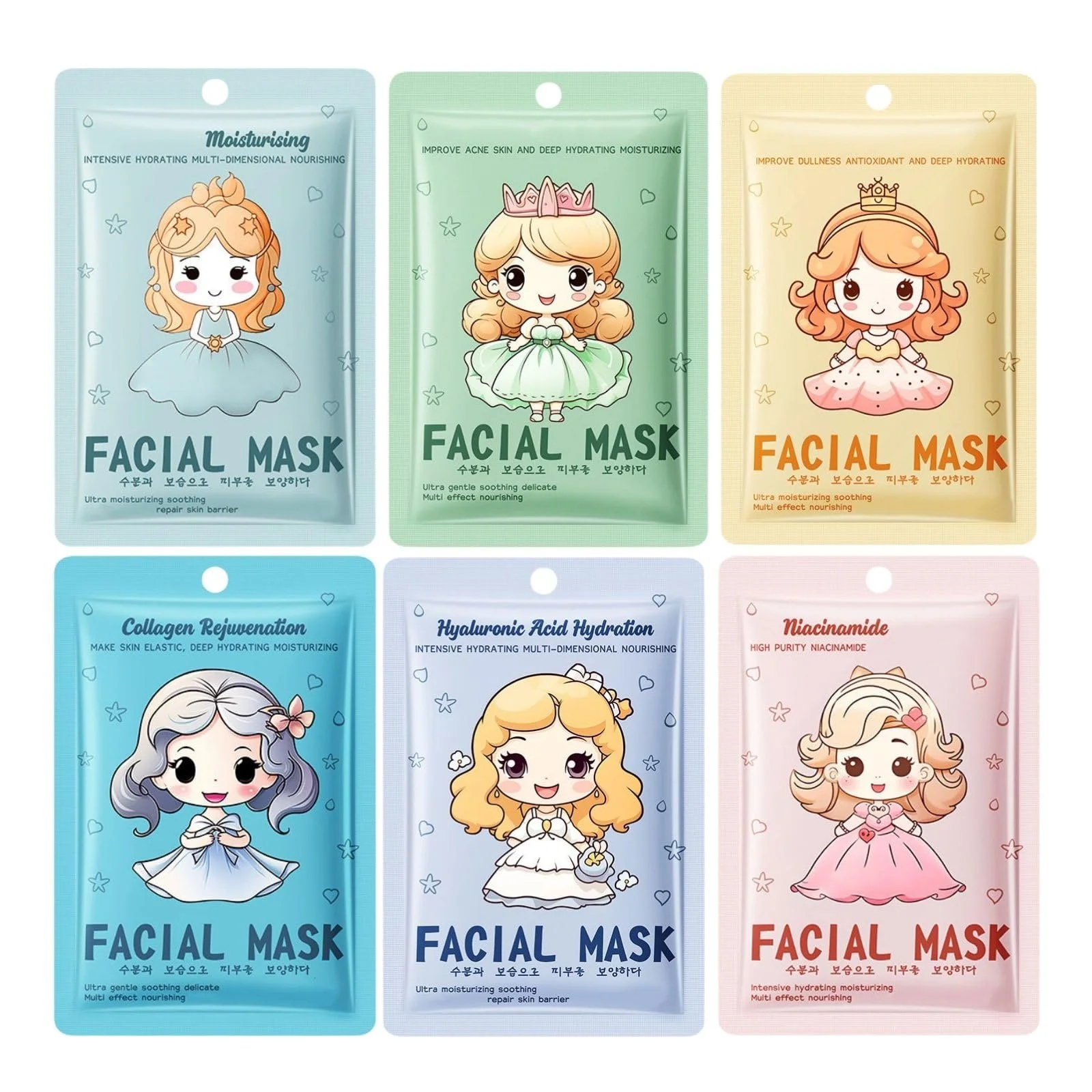 Тканинна маска для обличчя Набір 6 шт. Niacinamide, Hyaluronic Acid, Collagen, зволожуюча, фото №1