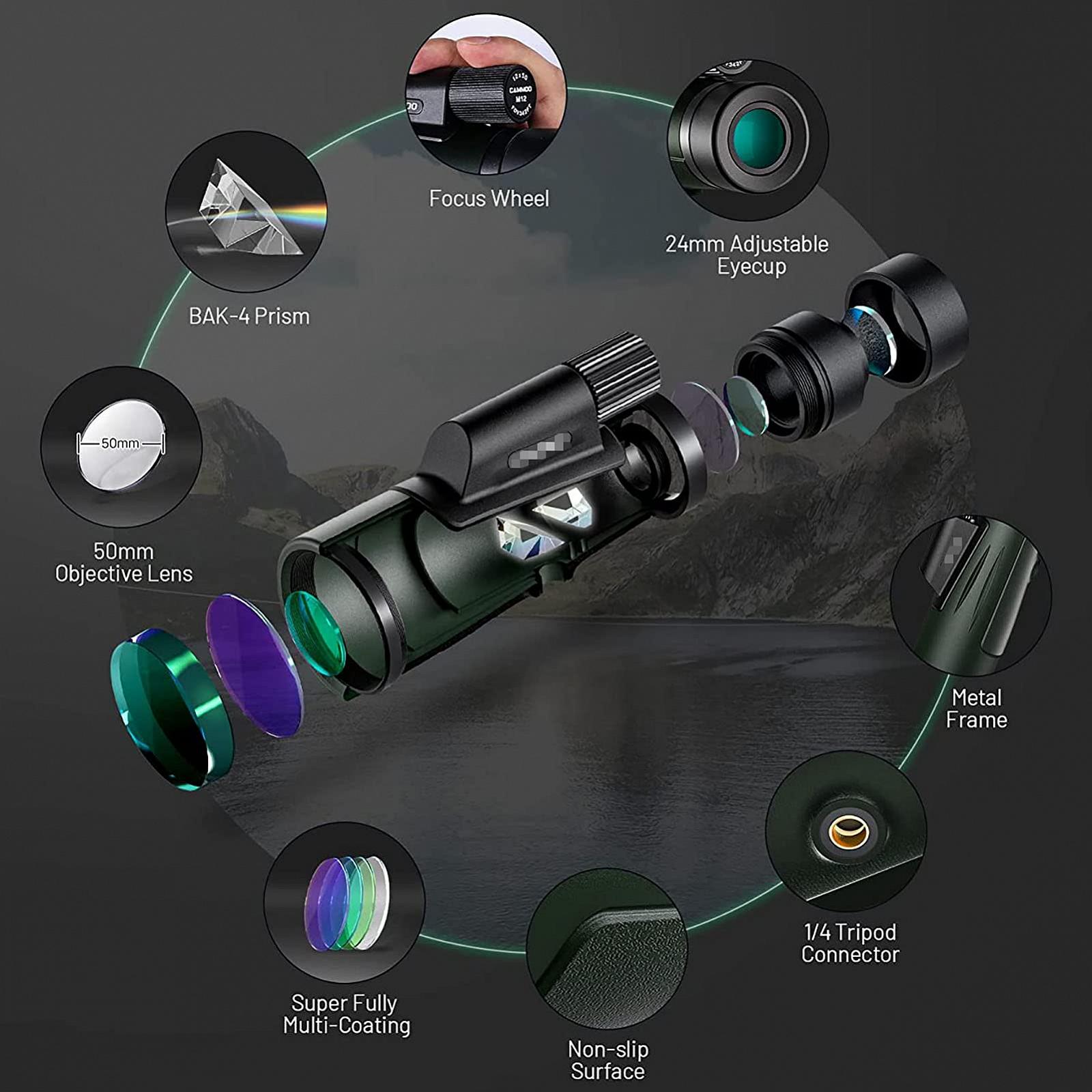 Монокуляр QHYTL 12×50 IPX7 BAK4 HD з тримачем для телефону і штативом, фото №2