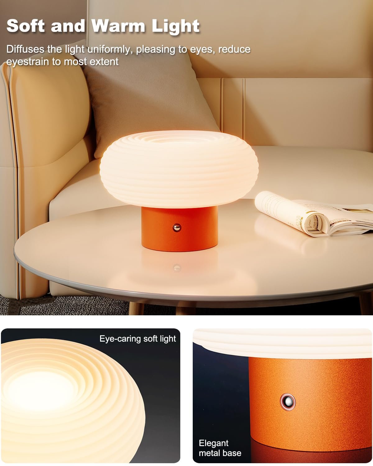 Настільна лампа FANHAO сенсорна регульована 3 кольори 4000 мАг бездротова акумуляторна гриб, фото №4