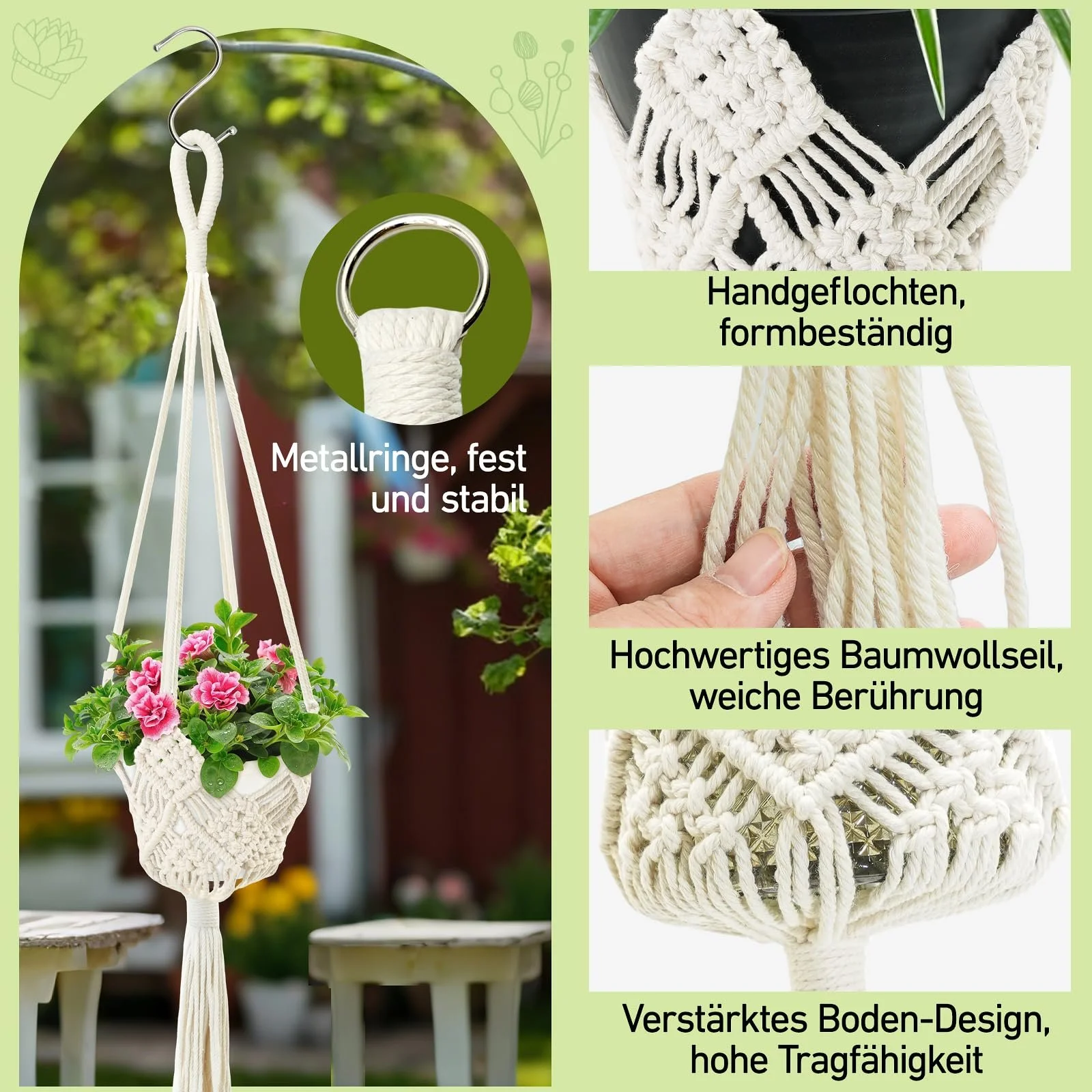 Підвісні кошики макраме з бавовняного каната в стилі бохо з гачками набір із 4 шт. білі, фото №3 Підвісні кошики макраме з бавовняного каната в стилі бохо з гачками набір із 4 шт. білі, фото №3