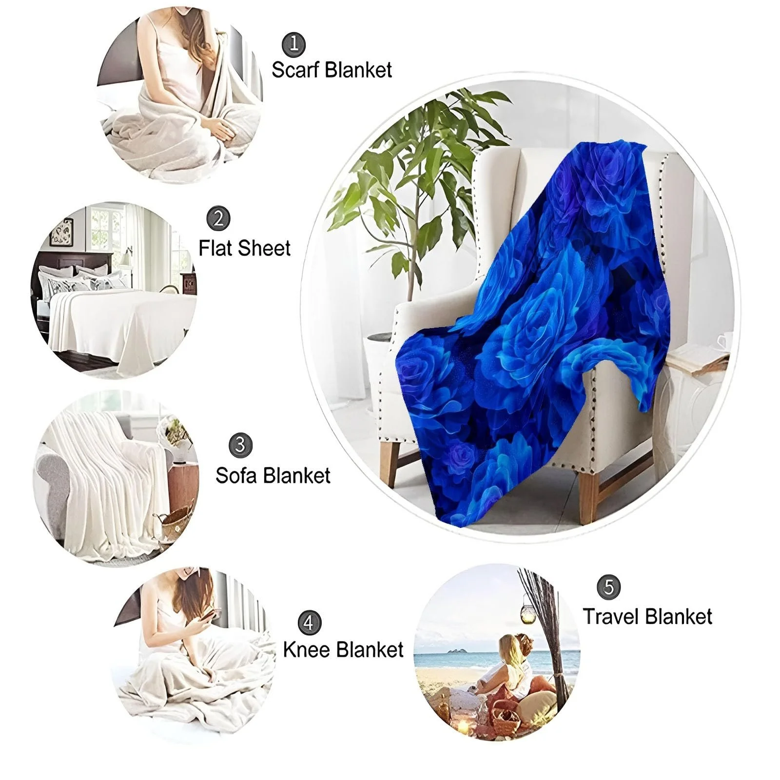 Фланелевое одеяло 150 x 200 см, Тема синих роз, Темно-синее, фото №6