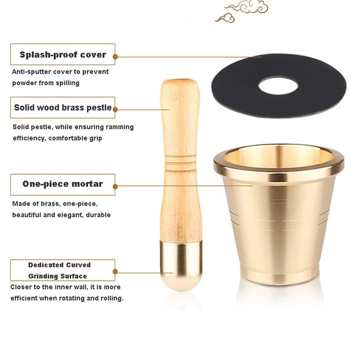 Ступка з товкачиком, з латуні, для спецій, міцний, довговічний і легко миється, фото №6