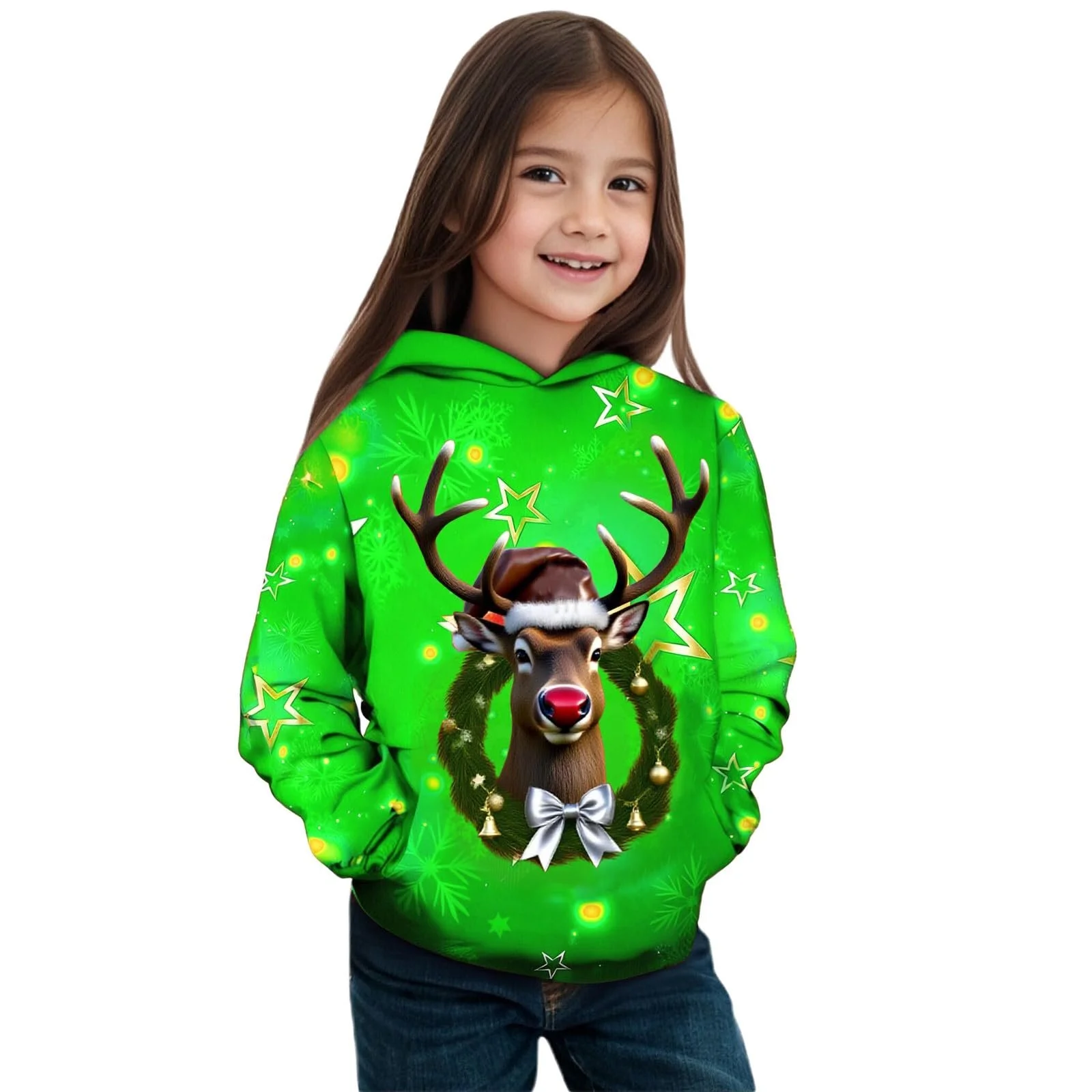 Різдвяний світшот для дівчат, святкове худі з принтом оленів, теплий флісовий, фото №1