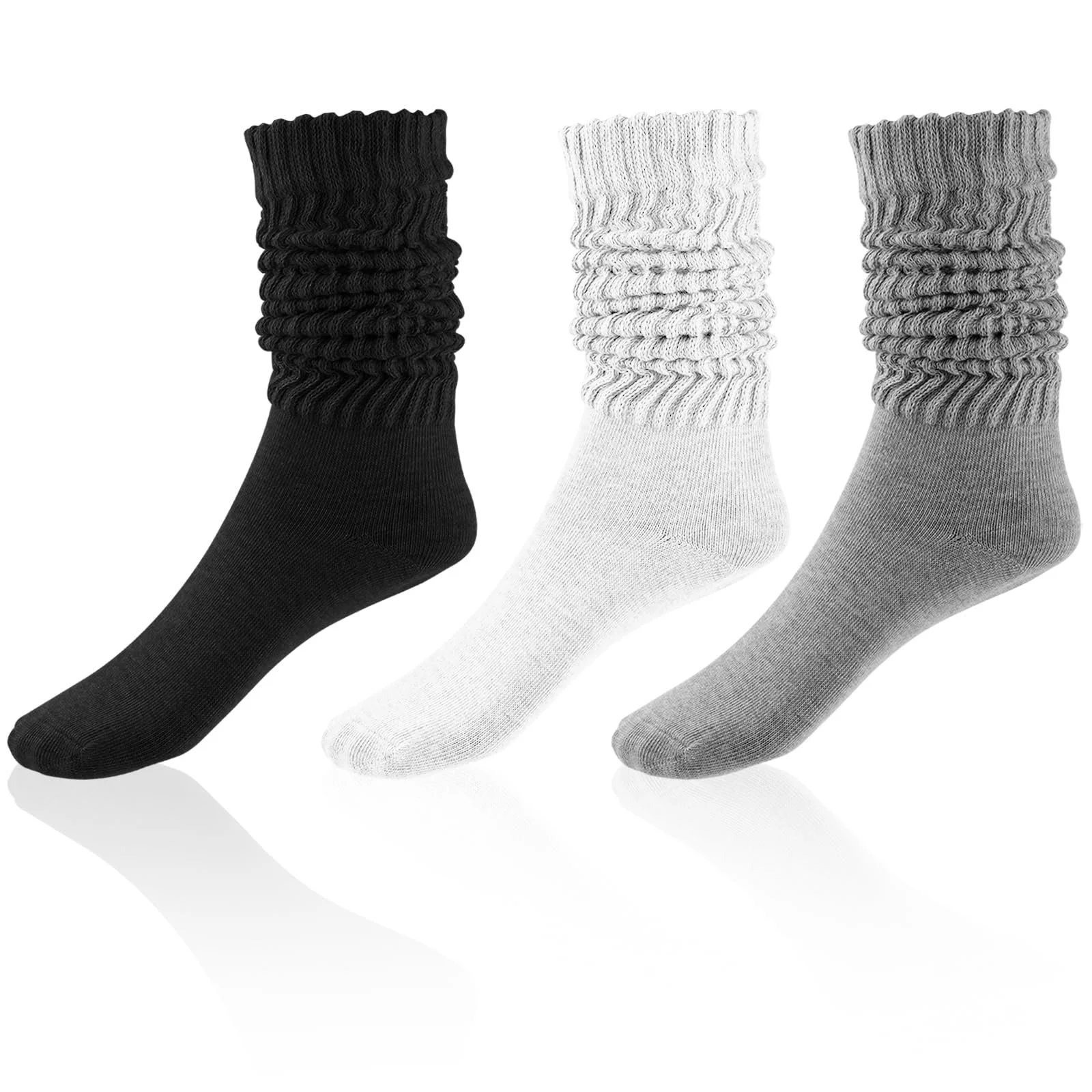 Комплект женских высоких носков, 3 пары, вязаные носки выше колена, широкие носки, гольфы, высокие носки для осени и зимы (3 цвета), черно-белые, фото №6