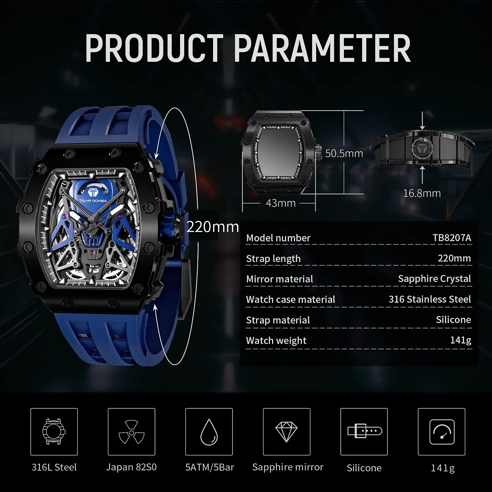 Мужские Автоматические Часы Tonneau Skeleton TSAR BOMBA Водонепроницаемые до 50 м Аналоговые Механические Дайвинг Квадратные Hollow Японский Механизм Сапфировое Зеркало Силиконовый Ремешок, фото №5 Мужские Автоматические Часы Tonneau Skeleton TSAR BOMBA Водонепроницаемые до 50 м Аналоговые Механические Дайвинг Квадратные Hollow Японский Механизм Сапфировое Зеркало Силиконовый Ремешок, фото №5