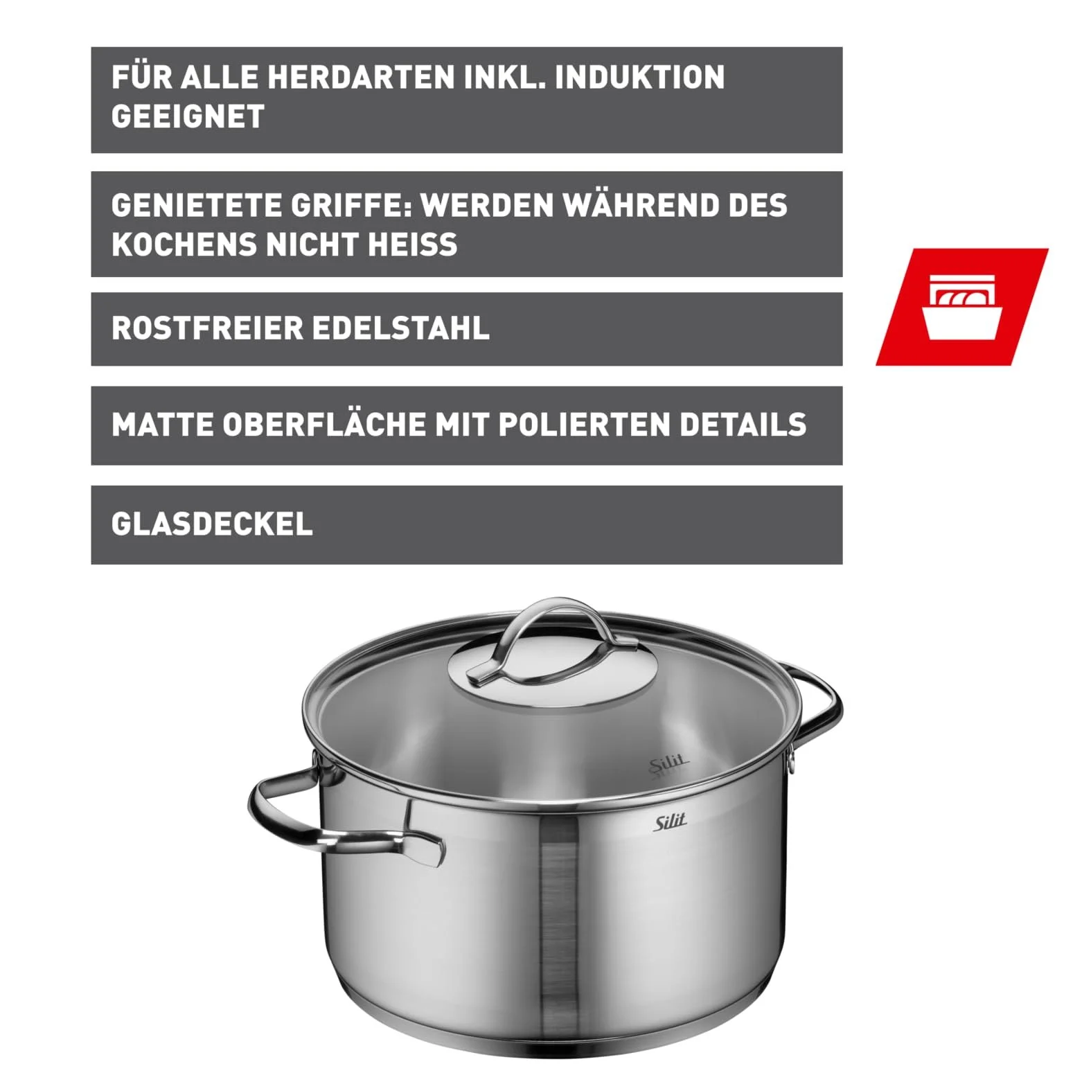 Кастрюля высокая Silit Achat с крышкой 24 см Серебристая, фото №2