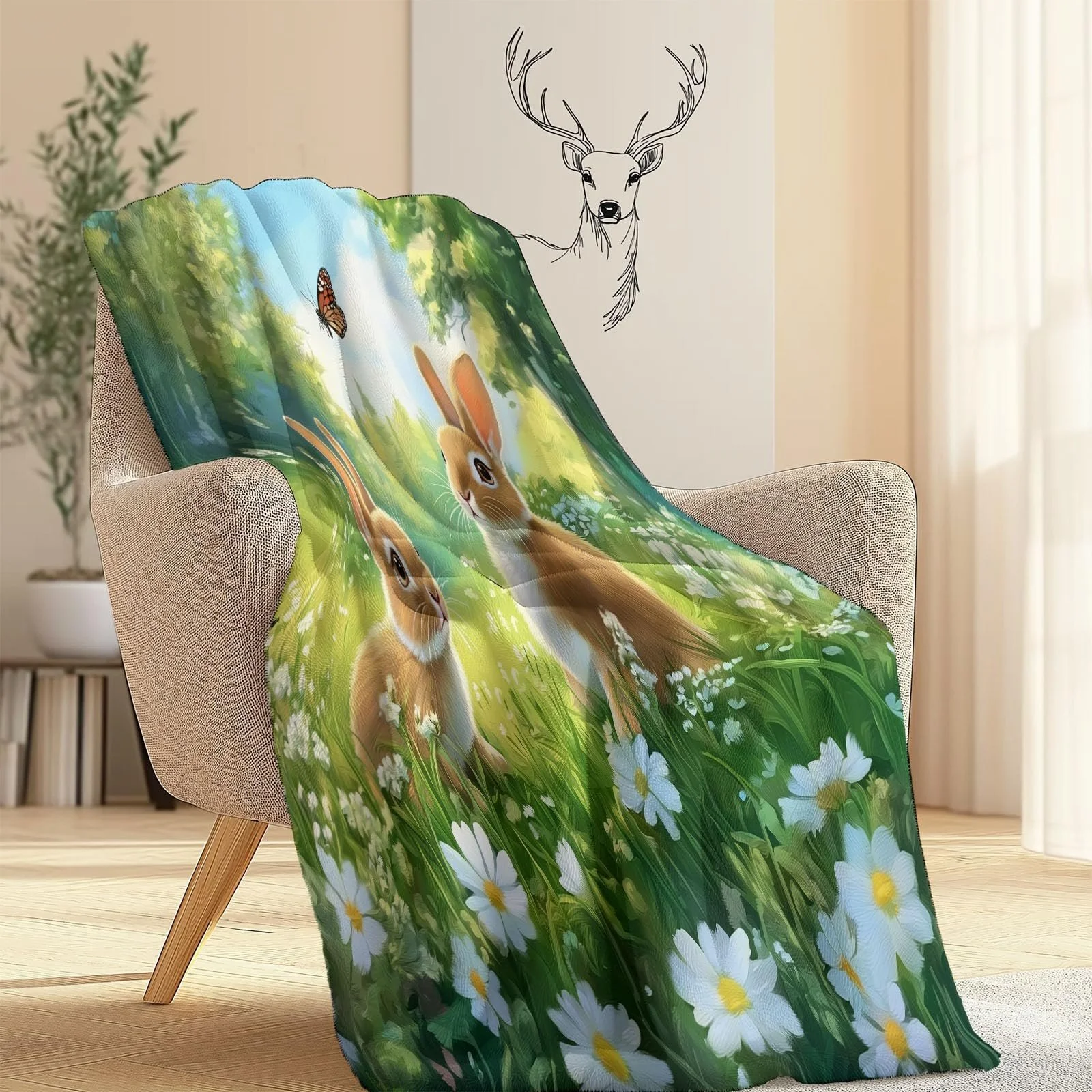 Фланелевое одеяло Зеленый Мягкое, Cartoon-Gras Kaninchen Живопись, фото №3