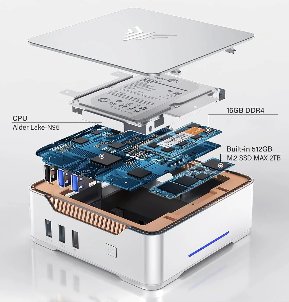 Міні ПК NiPoGi GK3 Plus / Intel Alder Lake-N97 / RAM 16GB / SSD 512GB / Intel UHD Graphics / 2 x HDMI / 1 x LAN / Wi-Fi 5 / Bluetooth 4.2 / Windows 11 / Сріблястий, фото №2 Міні ПК NiPoGi GK3 Plus / Intel Alder Lake-N97 / RAM 16GB / SSD 512GB / Intel UHD Graphics / 2 x HDMI / 1 x LAN / Wi-Fi 5 / Bluetooth 4.2 / Windows 11 / Сріблястий, фото №2