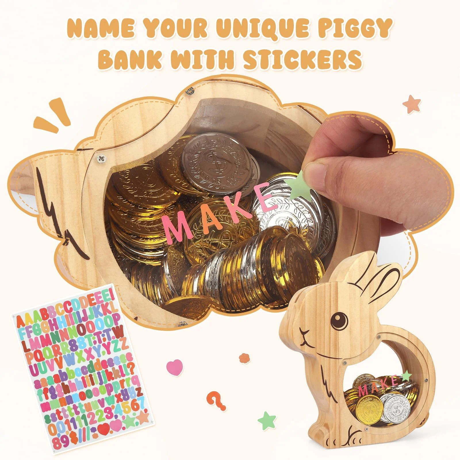 Скарбничка Дерев'яна Кролик з наклейками Персоналізована, фото №5