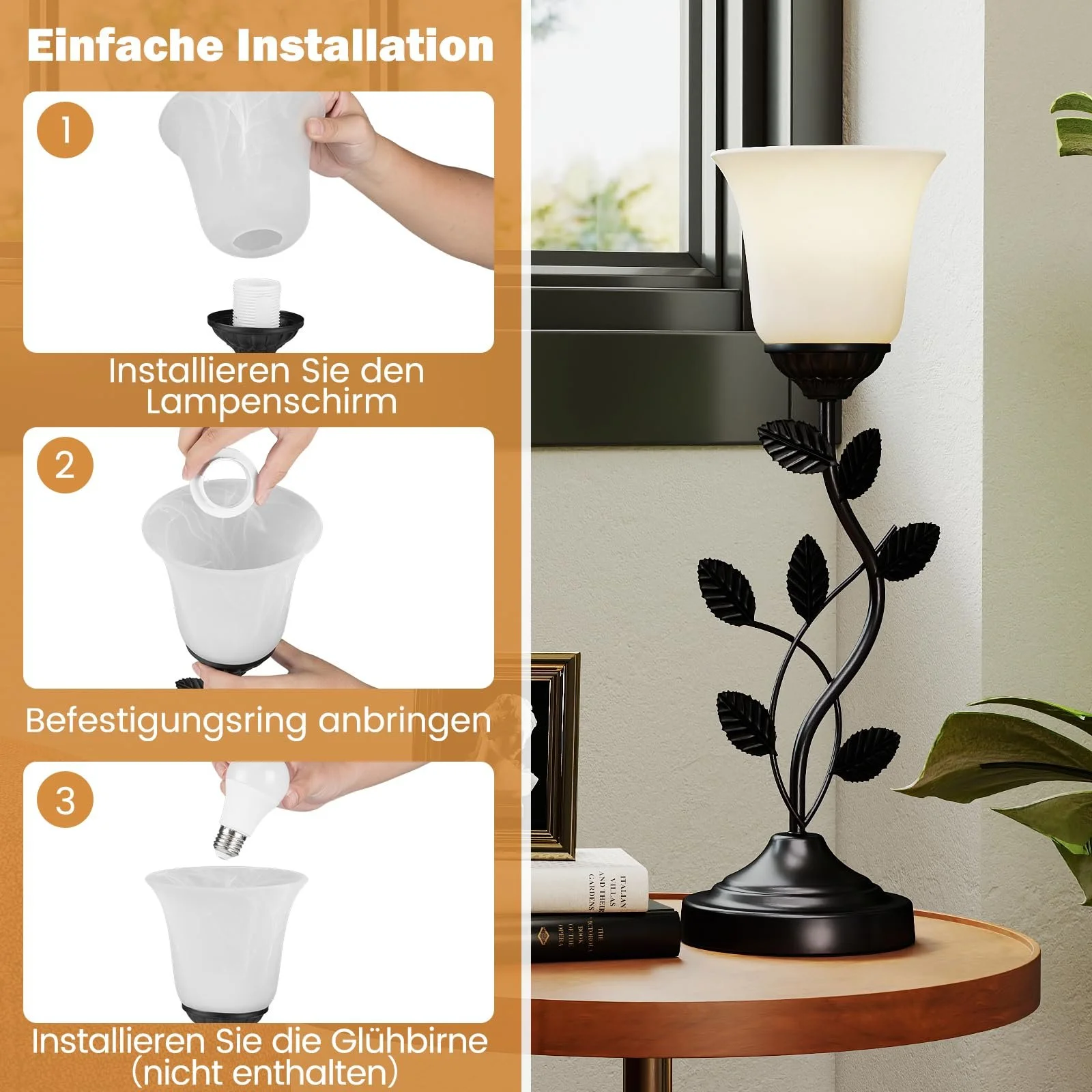 Настільна лампа RELAX4LIFE Flower зі скляним плафоном у формі тюльпана та металевим листям, фото №4