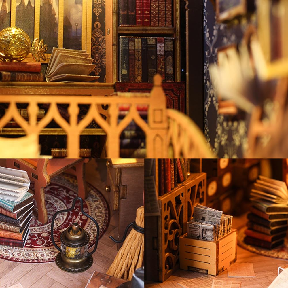 Набір KUWUNG DIY Book Nook з кришкою від пилу, куточок книжкового будиночка з LED світлом і меблями, 3D дерев'яний пазл-вставка для книжкової полиці, Художній, фото №6