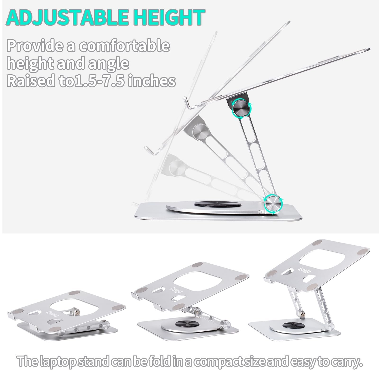 Підставка для ноутбука Crumya, алюмінієвий сплав, 360 градусів, PC, складана, ергономічна, регульована по висоті та куту, до 17 дюймів, срібляста, фото №3