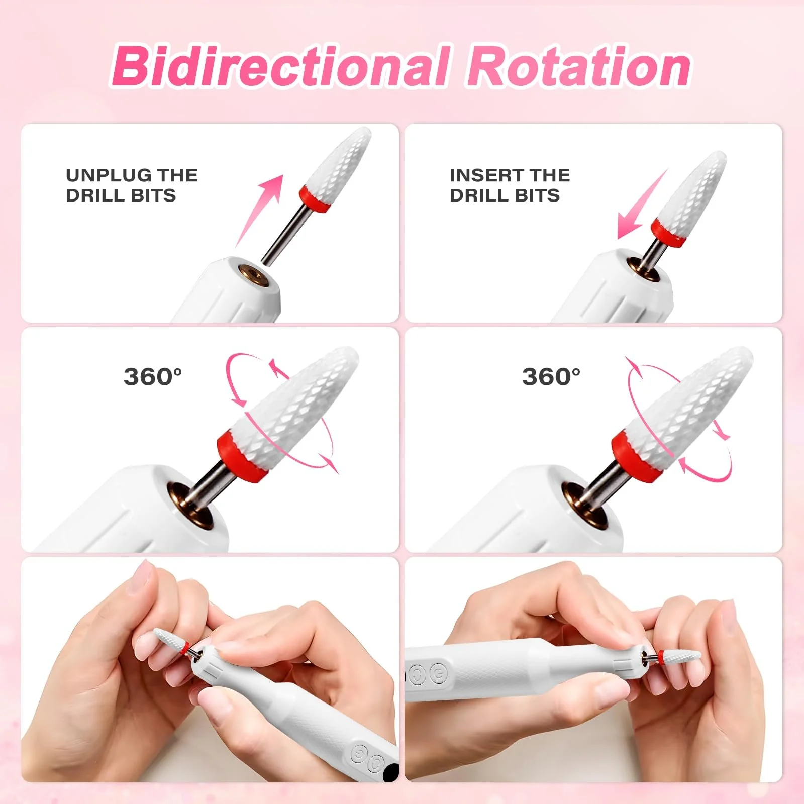 Машинка для нігтів Brencco Professional Wireless, 12-в-1 для гелевих нігтів 18000 об/хв, 8 тримачів для свердлильних головок, подвійна зарядка Type-C, фото №6