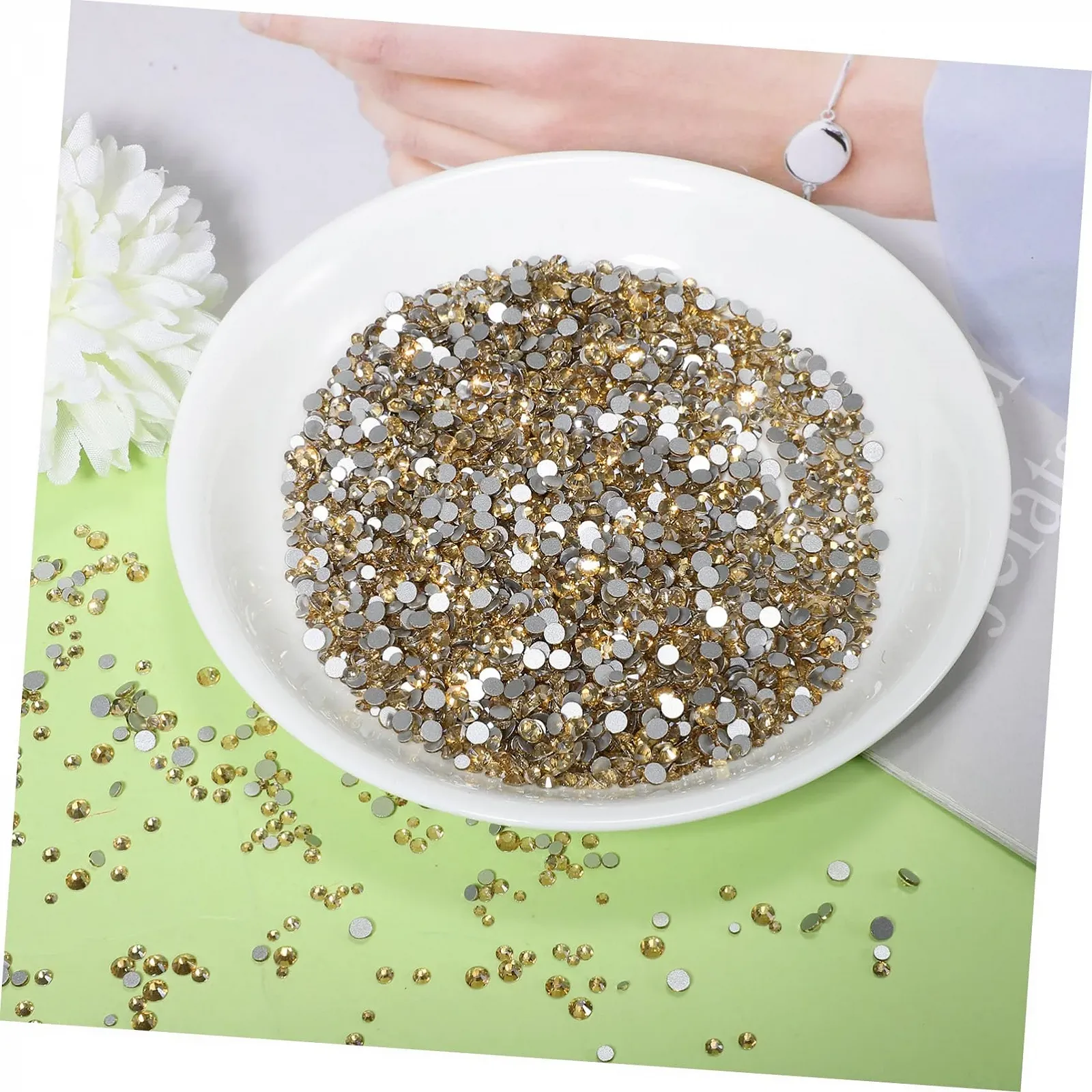 Стразы для ногтей FRCOLOR, 4320 шт., золотой цвет, акриловые драгоценности для приклеивания, набор страз для ногтей, женские украшения, стразы Mass SS10, хрустальное стекло, фото №6