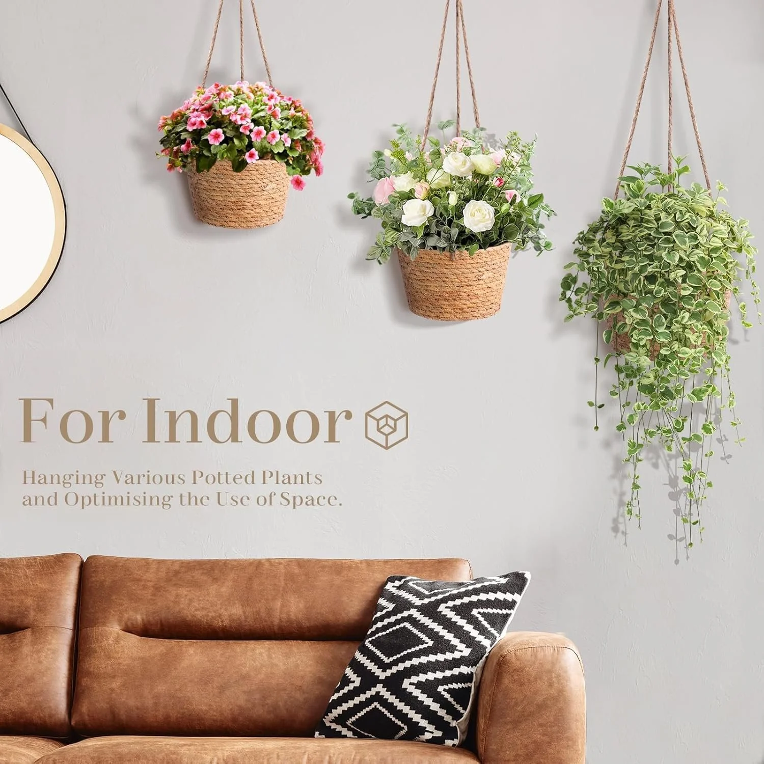 Підвісний кошик для рослин з морської трави 20 см Коричневий, фото №4 Підвісний кошик для рослин з морської трави 20 см Коричневий, фото №4