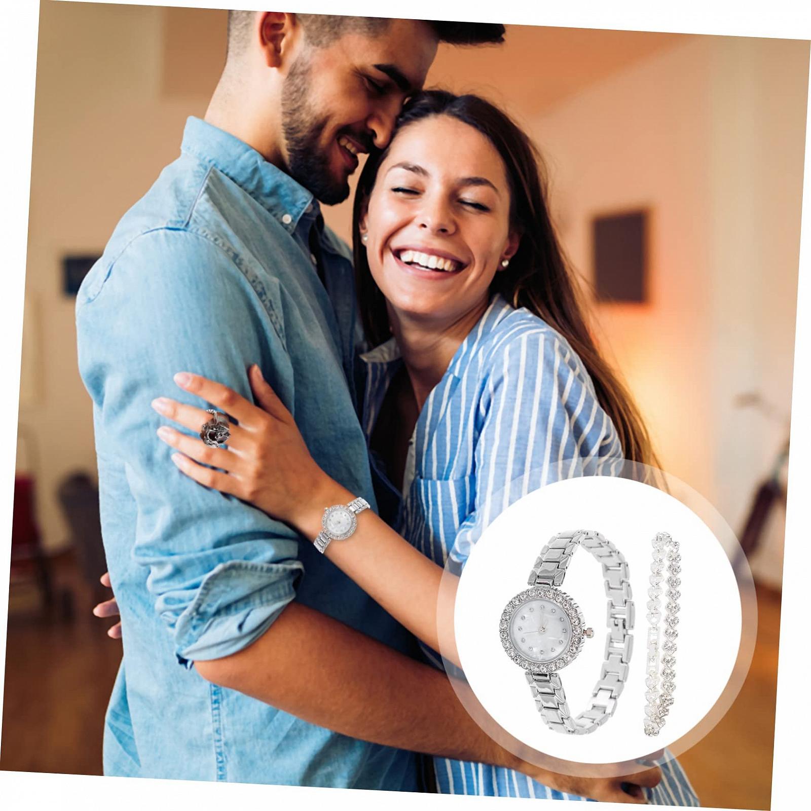 Набор Часы для женщин Healvian с браслетом Элегантный подарочный набор для свадьбы Стильный дизайн с нежным бриллиантовым мотивом, серебряный, фото №5