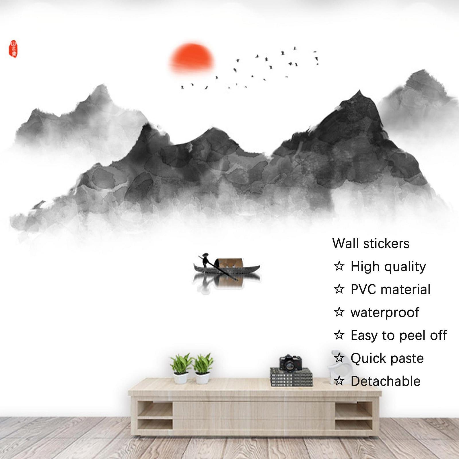 Наклейка на стіну duoyif Mountains Silhouette Rivers Birds Moon Fishing Boat 144 x 72 см Чорний, фото №4