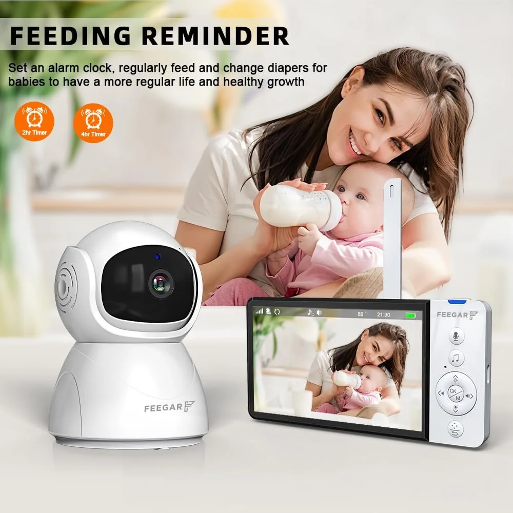 Відеоняня Feegar 5 дюймів 720P HD 2.4 GHz PTZ 355°/120° 2x Zoom VOX Нічне бачення Датчик температури Колискові 5000 mAh, фото №3
