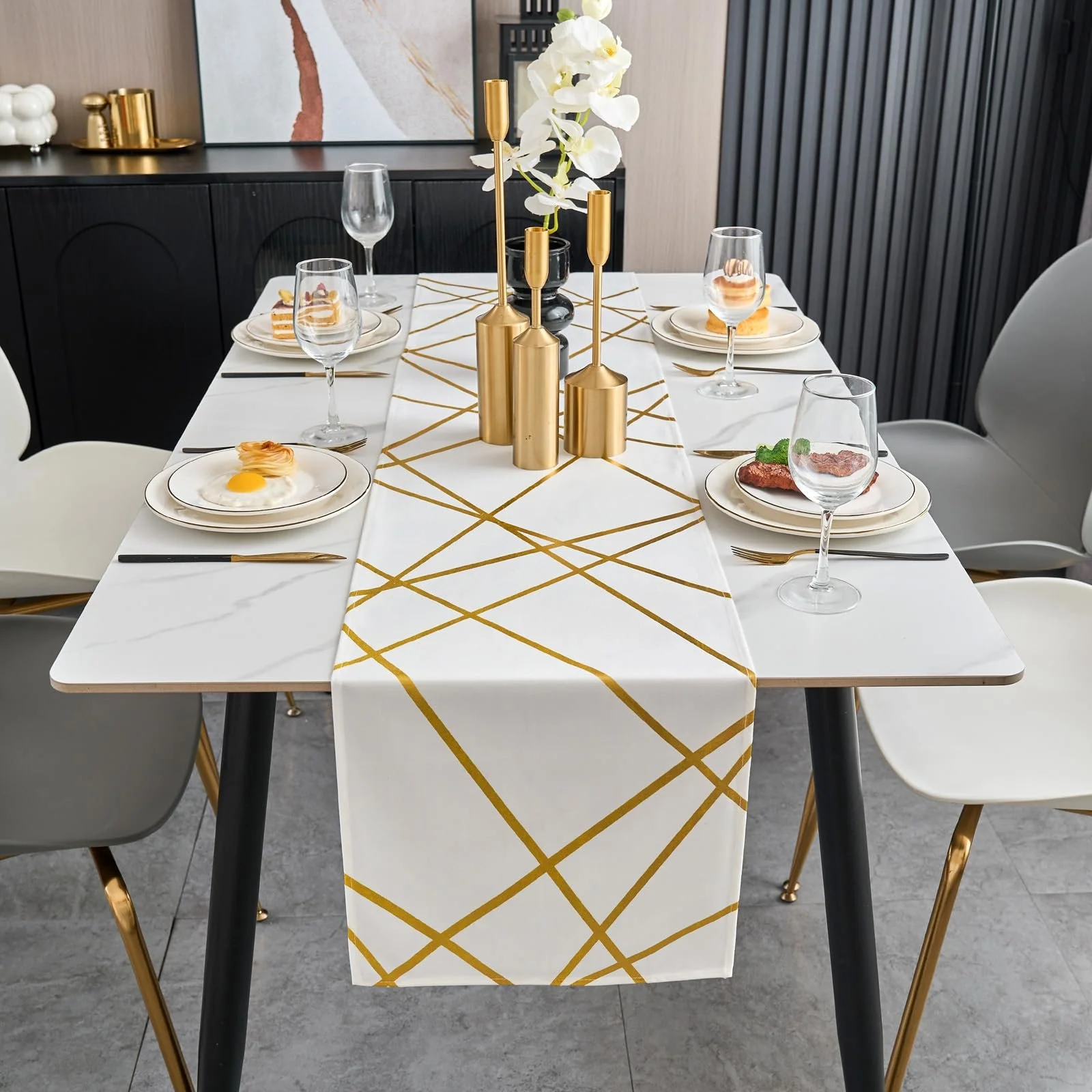 Доріжка на стіл Modern White Shiny Gold Geometry 33 x 140 см Геометрична Біла із золотом, фото №4