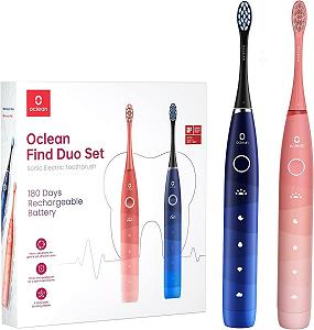 Електрична зубна щітка Oclean Find Duo Set, 2 шт, 5 режимів, звукова, 180 днів роботи від акумулятора, IPX7 - рожева та синя - Фото 1
