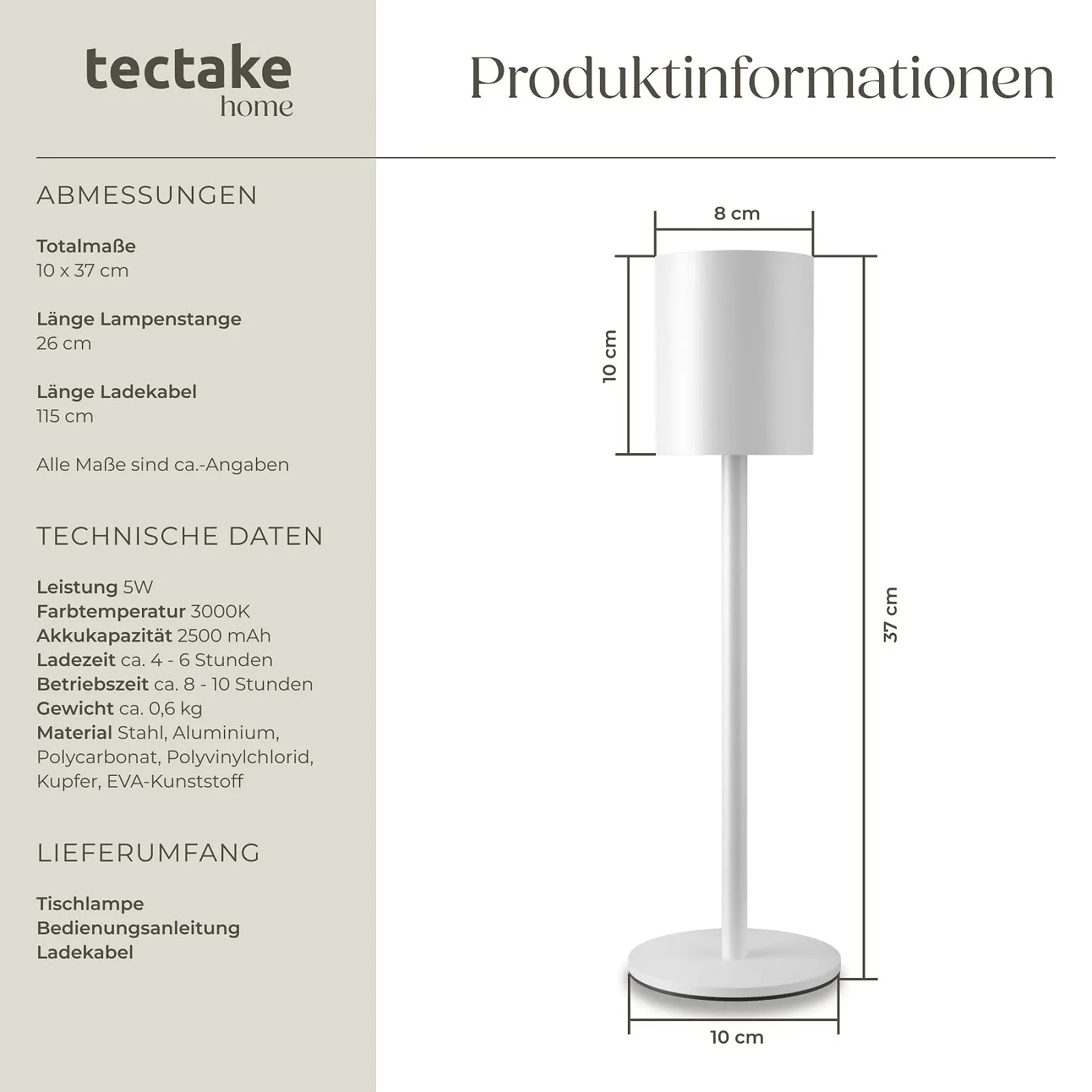 Настільна лампа tectake LED акумуляторна з димуванням Біла, фото №6