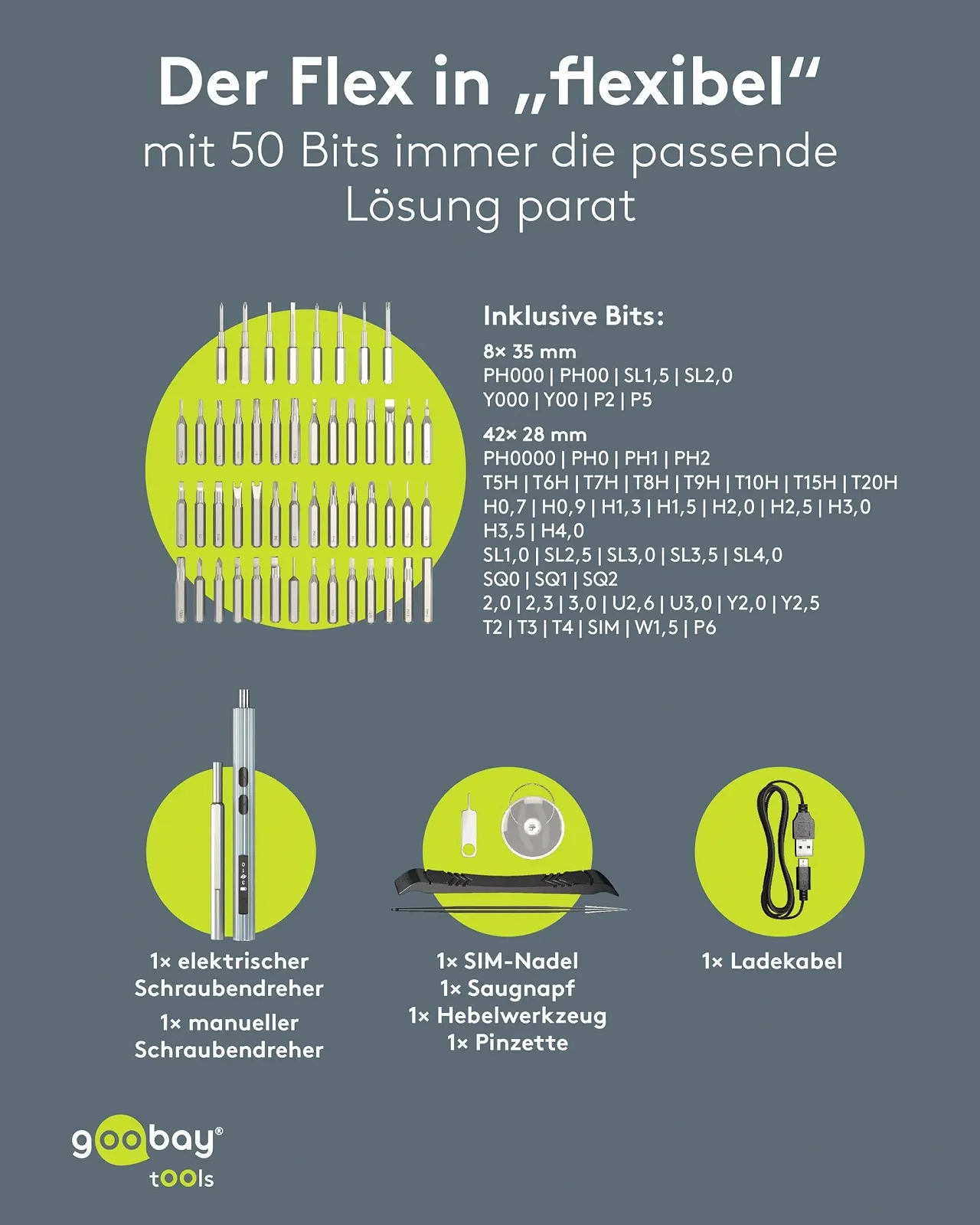 Акумуляторна викрутка goobay 58 в 1 з 50 прецизійними бітами, магнітним алюмінієвим кейсом, фото №3